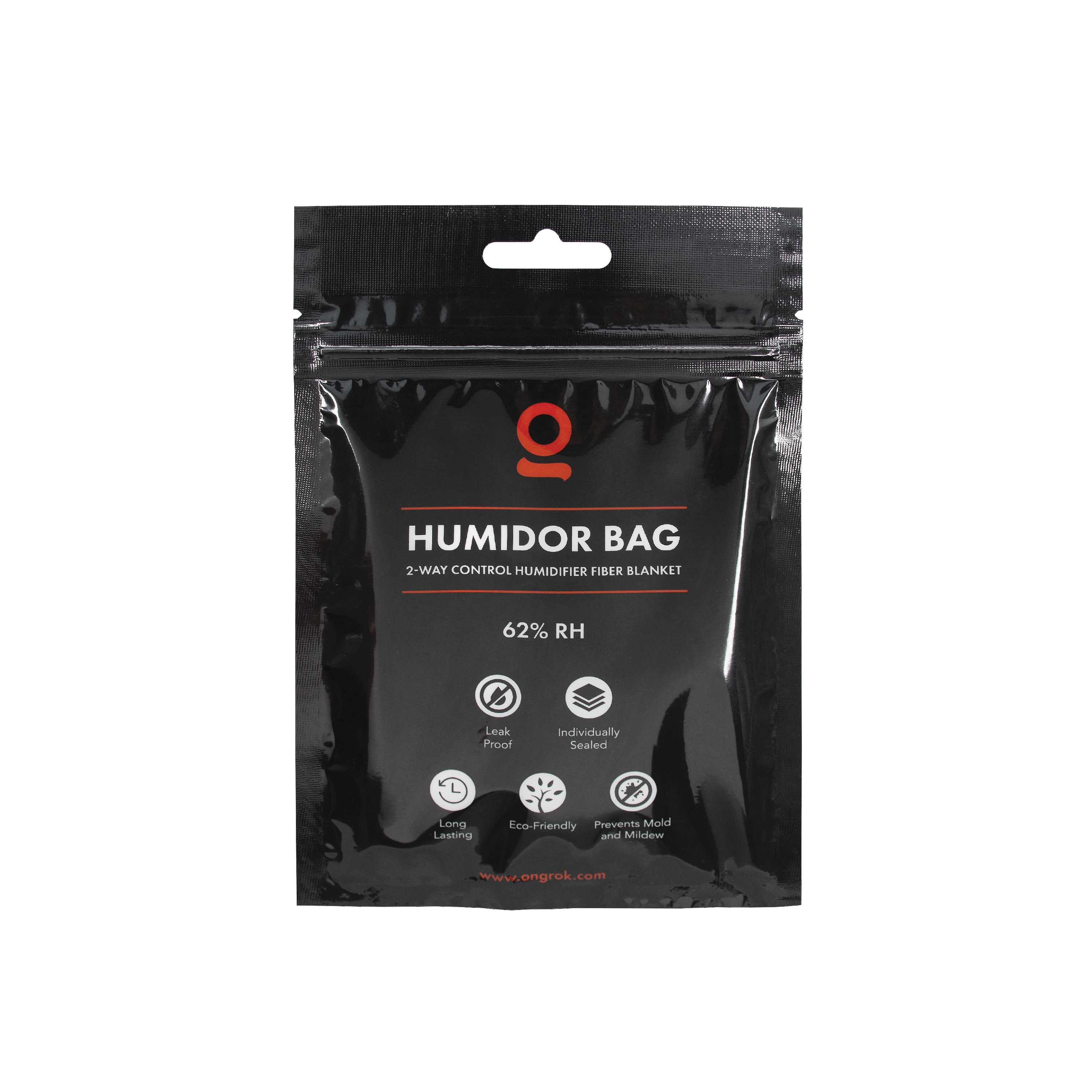 Front view of the Humidor Bag, a black, sealed bag displaying a white logo and text details against a dark background. Front view of the Humidor Bag, a black, sealed bag displaying a white logo and text details against a dark background.
