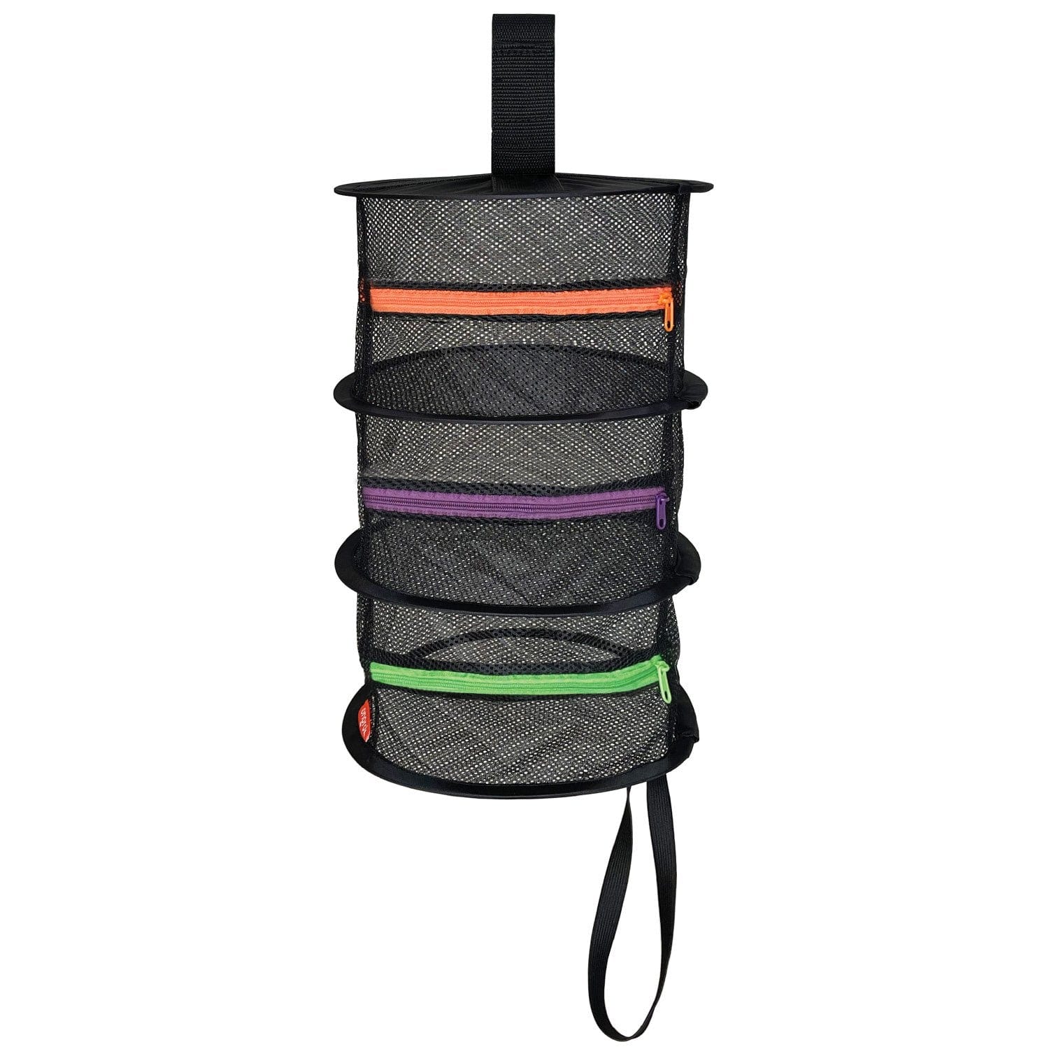 A front view of the Mesh Herb Drying Net hanging with four tiers of black mesh, featuring a dark loop for suspension. A front view of the Mesh Herb Drying Net hanging with four tiers of black mesh, featuring a dark loop for suspension.