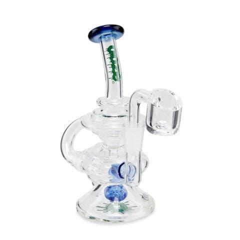 A three-quarter view of the Rip Tide Mini Recycler Dab Rig, featuring clear glass and a rounded base. A three-quarter view of the Rip Tide Mini Recycler Dab Rig, featuring clear glass and a rounded base.