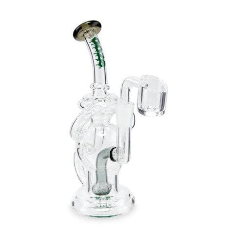 Front view of the Swell Mini Recycler Dab Rig, a compact clear glass rig with a unique bubbler design. Front view of the Swell Mini Recycler Dab Rig, a compact clear glass rig with a unique bubbler design.