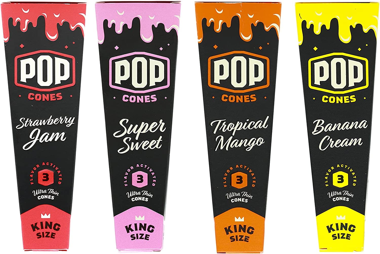 Front view of four King Size Pre-Rolled Cones with Flavor Tip packs, each with a unique flavor displayed in vibrant colors. Front view of four King Size Pre-Rolled Cones with Flavor Tip packs, each with a unique flavor displayed in vibrant colors.