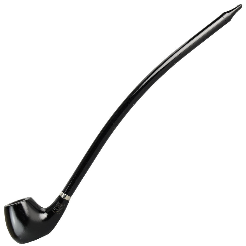 A side view of the Charming Bent Prince Churchwarden Shire Pipe, showcasing its long, curved stem and dark finish. A side view of the Charming Bent Prince Churchwarden Shire Pipe, showcasing its long, curved stem and dark finish.
