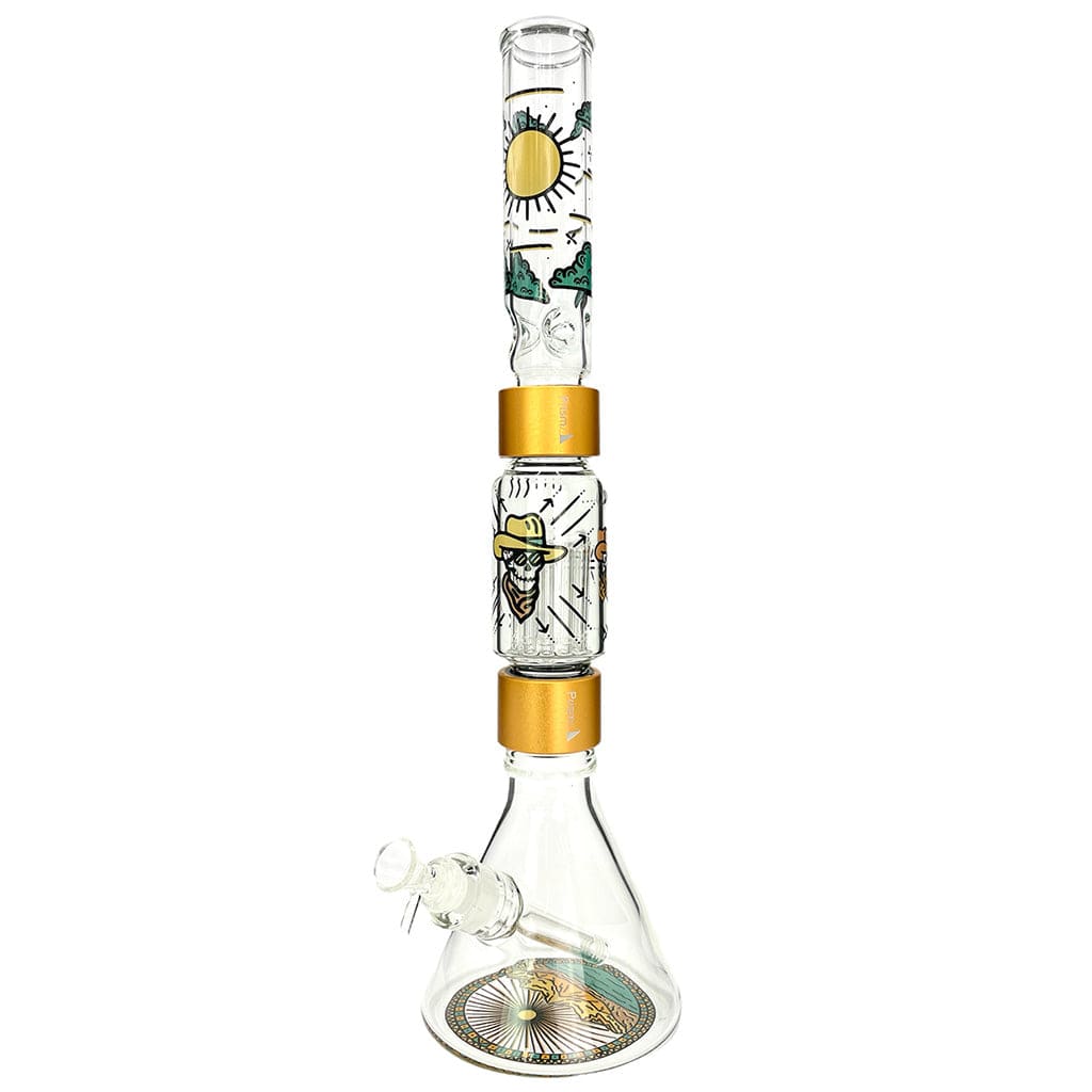 Front view of the Desert Dream'n Beaker Double Stack, showcasing a clear glass piece with colorful layered accents. Front view of the Desert Dream'n Beaker Double Stack, showcasing a clear glass piece with colorful layered accents.