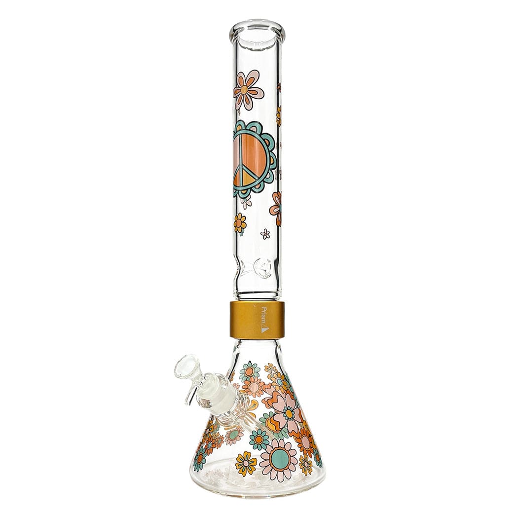 A front view of the Flower Power Beaker Single Stack, showcasing its colorful floral design on clear glass. A front view of the Flower Power Beaker Single Stack, showcasing its colorful floral design on clear glass.