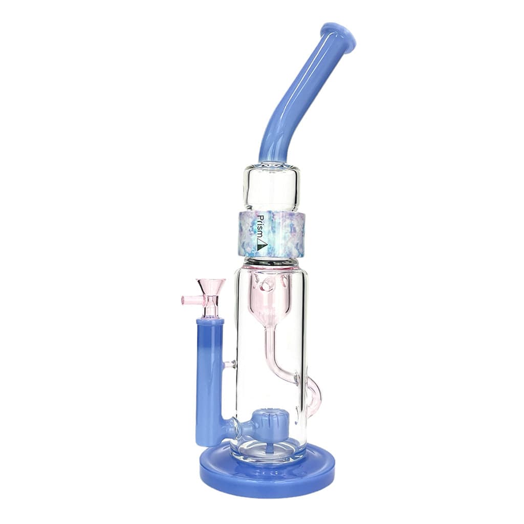 A studio shot of the KLEIN INCYCLER SINGLE STACK with a blue glass body and a single stacked perc visible in the chamber. A studio shot of the KLEIN INCYCLER SINGLE STACK with a blue glass body and a single stacked perc visible in the chamber.