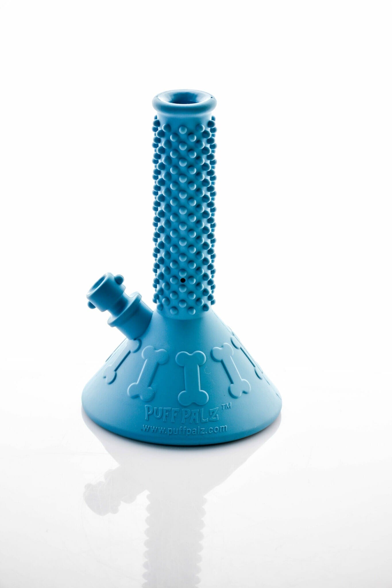 Front view of the Beaker Buddy Dog Toy, a blue, textured toy resembling a beaker, set against a bright white background. Front view of the Beaker Buddy Dog Toy, a blue, textured toy resembling a beaker, set against a bright white background.
