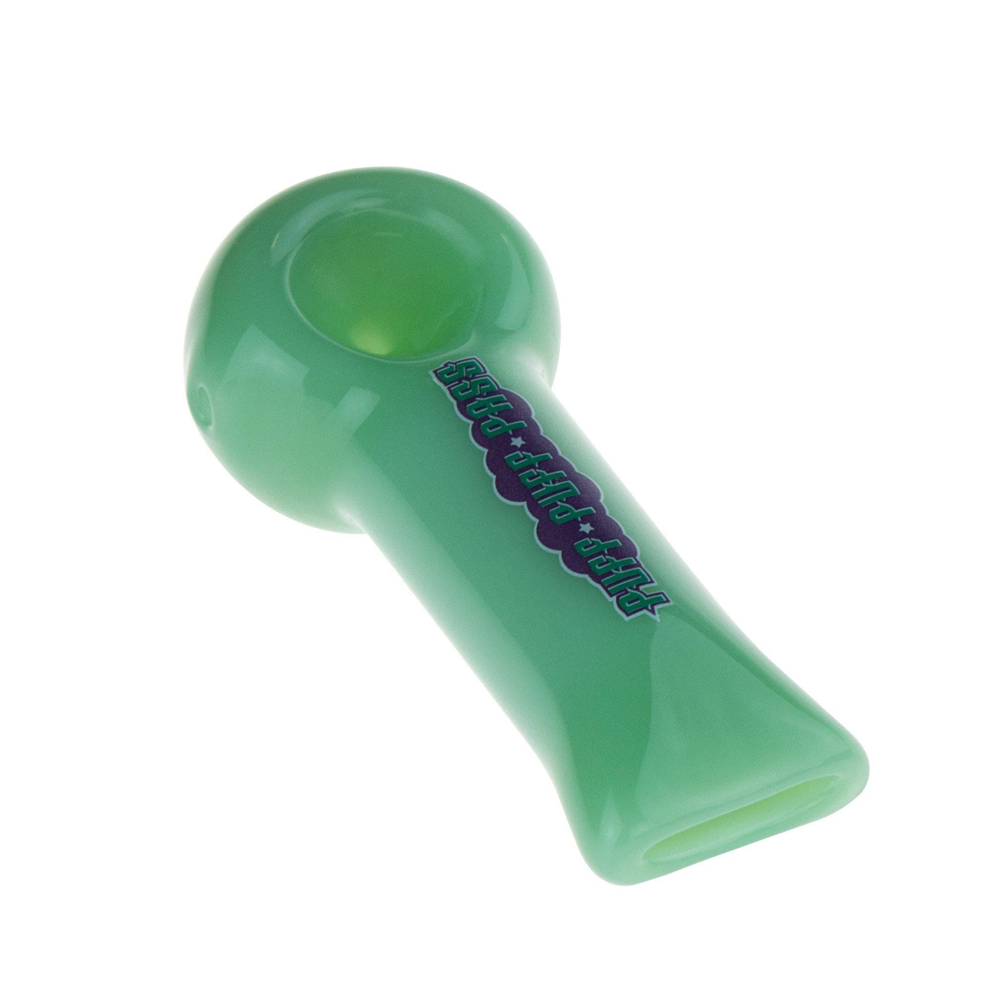 A studio shot of the "4" Spoon Pipe, showcasing its curved shape and smooth, green glass finish. A studio shot of the "4" Spoon Pipe, showcasing its curved shape and smooth, green glass finish.