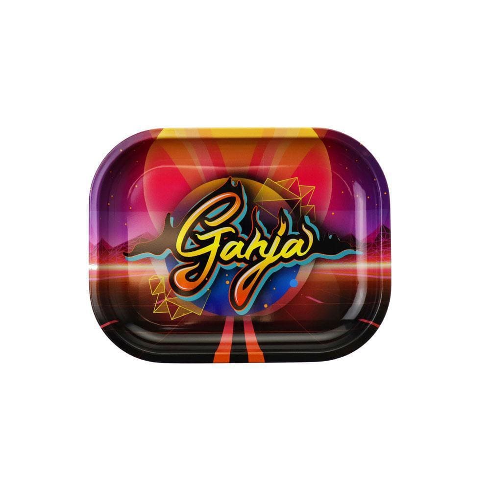 A top-down view of the Ganja Rolling Tray, showcasing a colorful, geometric design against a dark background. A top-down view of the Ganja Rolling Tray, showcasing a colorful, geometric design against a dark background.