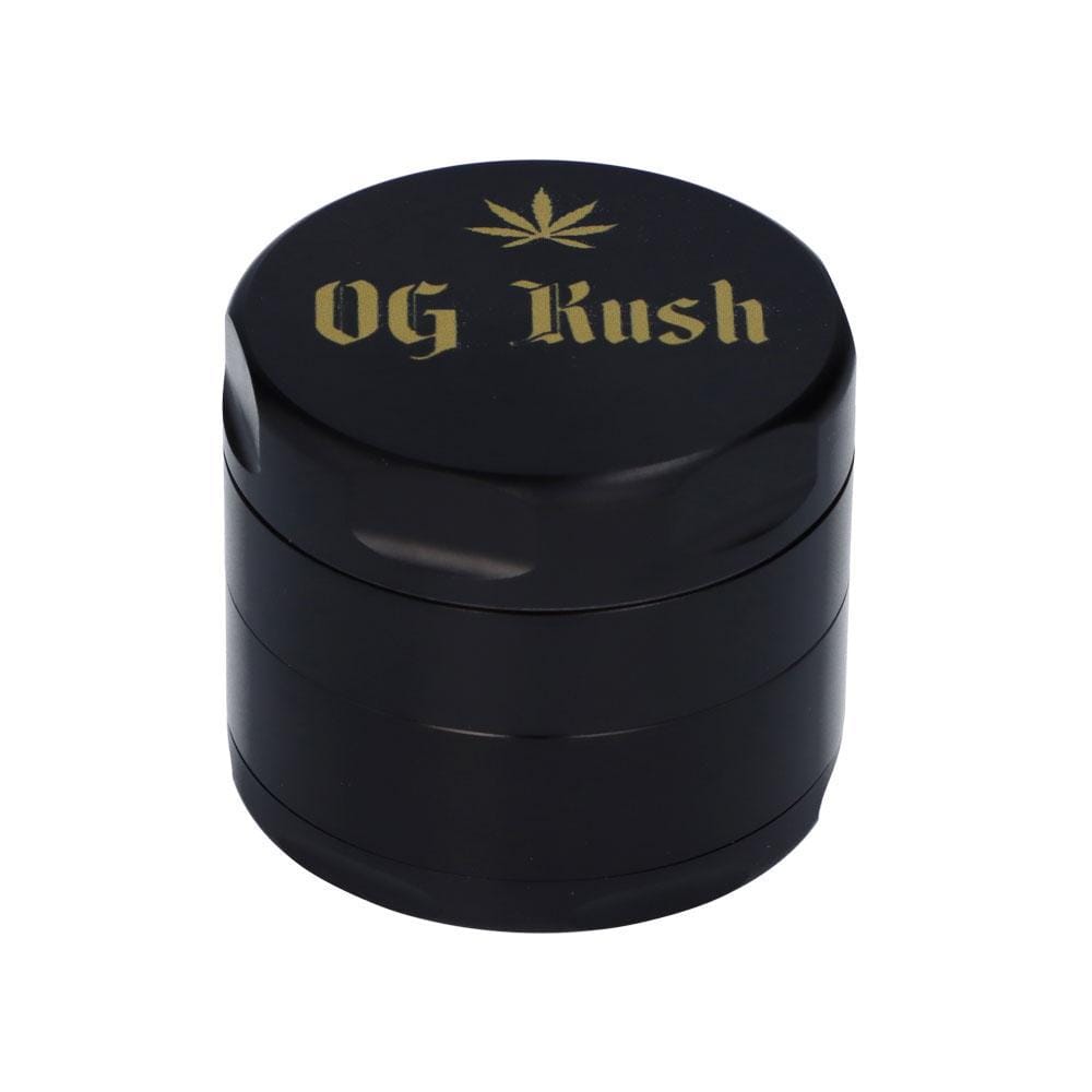 A close-up, angled view of the OG Kush 55mm 3-Stage Grinder, showcasing its cylindrical metallic design. A close-up, angled view of the OG Kush 55mm 3-Stage Grinder, showcasing its cylindrical metallic design.