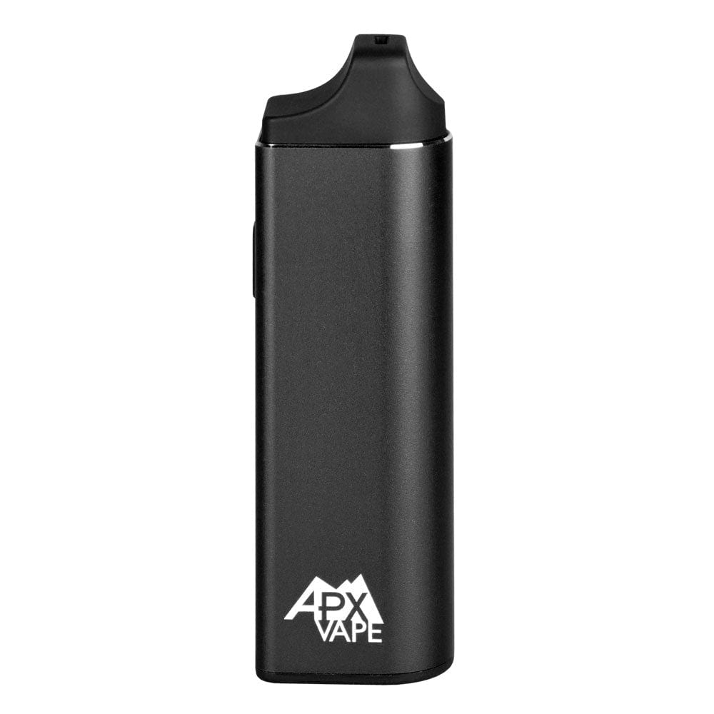 Front view of the APX Vape V3 Dry Herb Vaporizer, a sleek, black handheld device with a minimalist design. Front view of the APX Vape V3 Dry Herb Vaporizer, a sleek, black handheld device with a minimalist design.