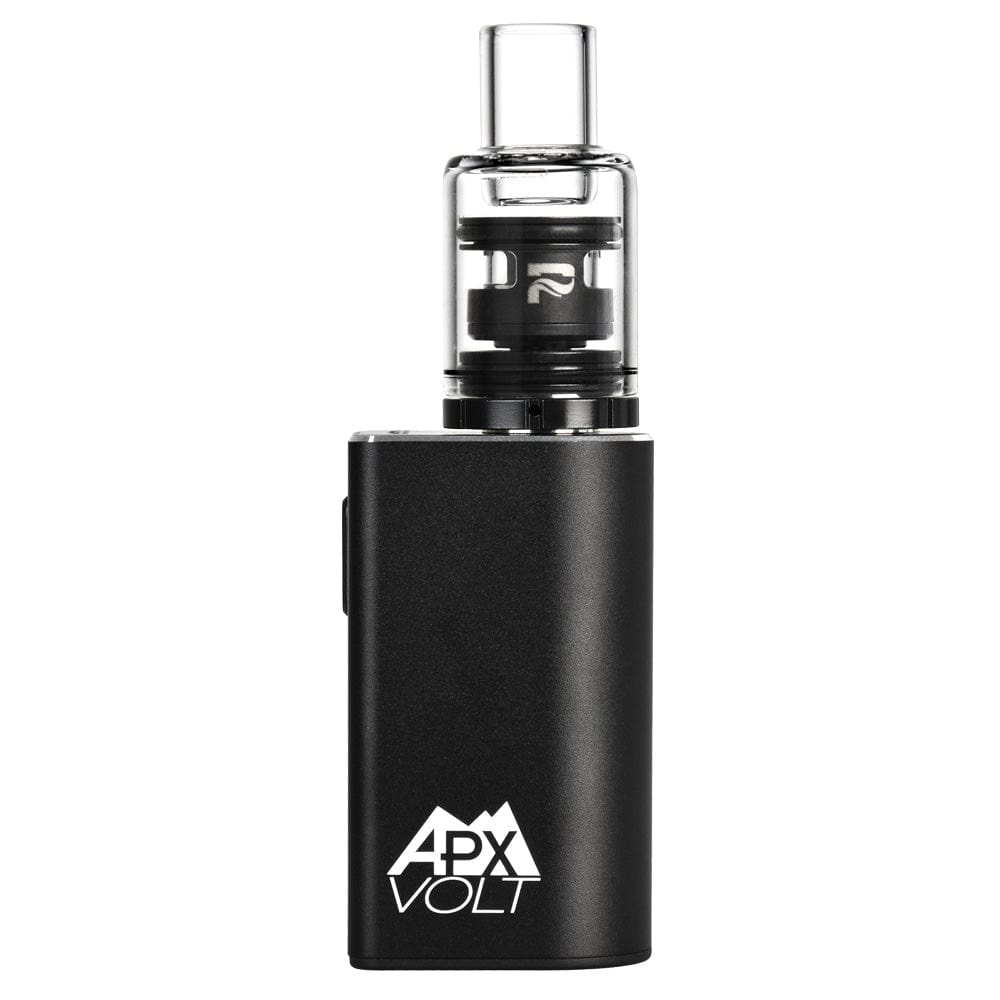 A studio shot of the APX Volt V3 VV Concentrate Vaporizer, featuring a silver metallic body and glass mouthpiece against a white background. A studio shot of the APX Volt V3 VV Concentrate Vaporizer, featuring a silver metallic body and glass mouthpiece against a white background.