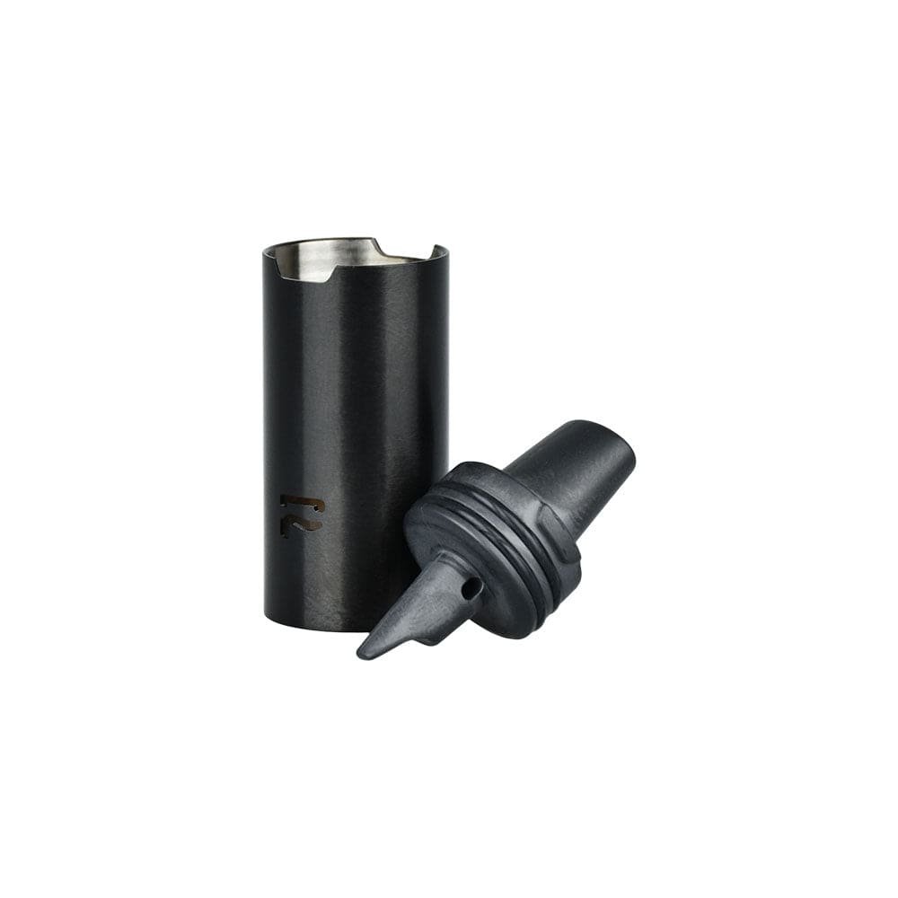 Close-up of the Barb Fire Slim Replacement Mouthpiece, a dark-colored, cylindrical piece angled against a neutral background. Close-up of the Barb Fire Slim Replacement Mouthpiece, a dark-colored, cylindrical piece angled against a neutral background.