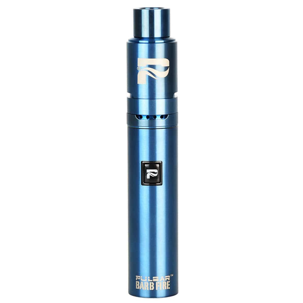 Front view of the Barb Fire Variable Voltage Wax Vaporizer, a sleek, silver pen-style device against a plain white backdrop. Front view of the Barb Fire Variable Voltage Wax Vaporizer, a sleek, silver pen-style device against a plain white backdrop.
