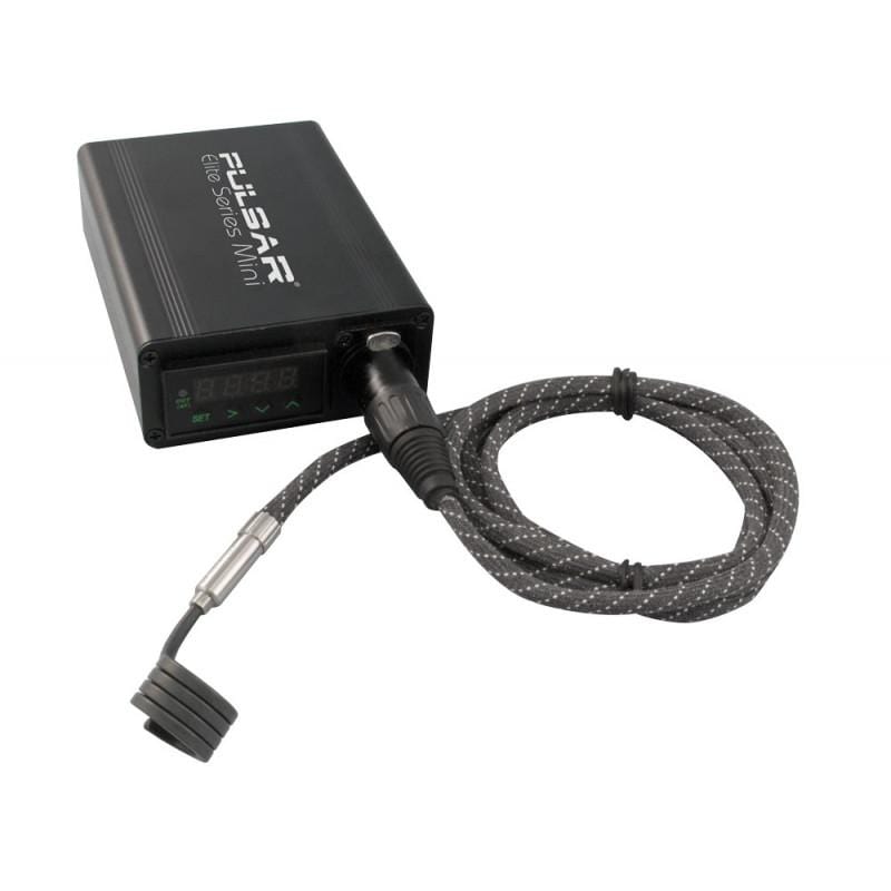 A close-up, angled view of the Pulsar Elite Series Mini eNail with its coiled cord against a plain white background. A close-up, angled view of the Pulsar Elite Series Mini eNail with its coiled cord against a plain white background.