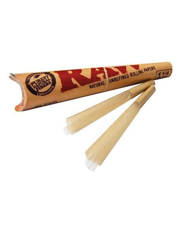 Raw Classic Pre-Rolled Cones are displayed in a close-up, angled view, showcasing their paper texture and conical shape. Raw Classic Pre-Rolled Cones are displayed in a close-up, angled view, showcasing their paper texture and conical shape.