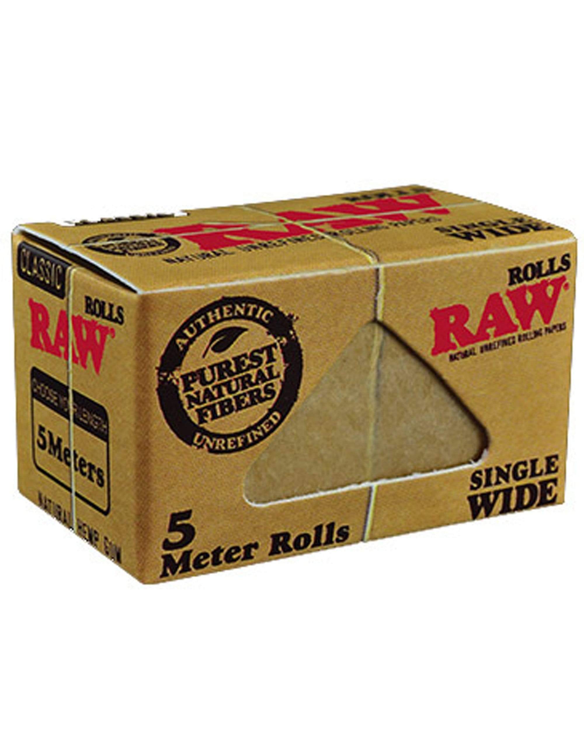 Front view of the RAW - 5 Meter Roll (3 Rolls) - Single Wide Papers packaging, displaying the brand logo and roll details. Front view of the RAW - 5 Meter Roll (3 Rolls) - Single Wide Papers packaging, displaying the brand logo and roll details.