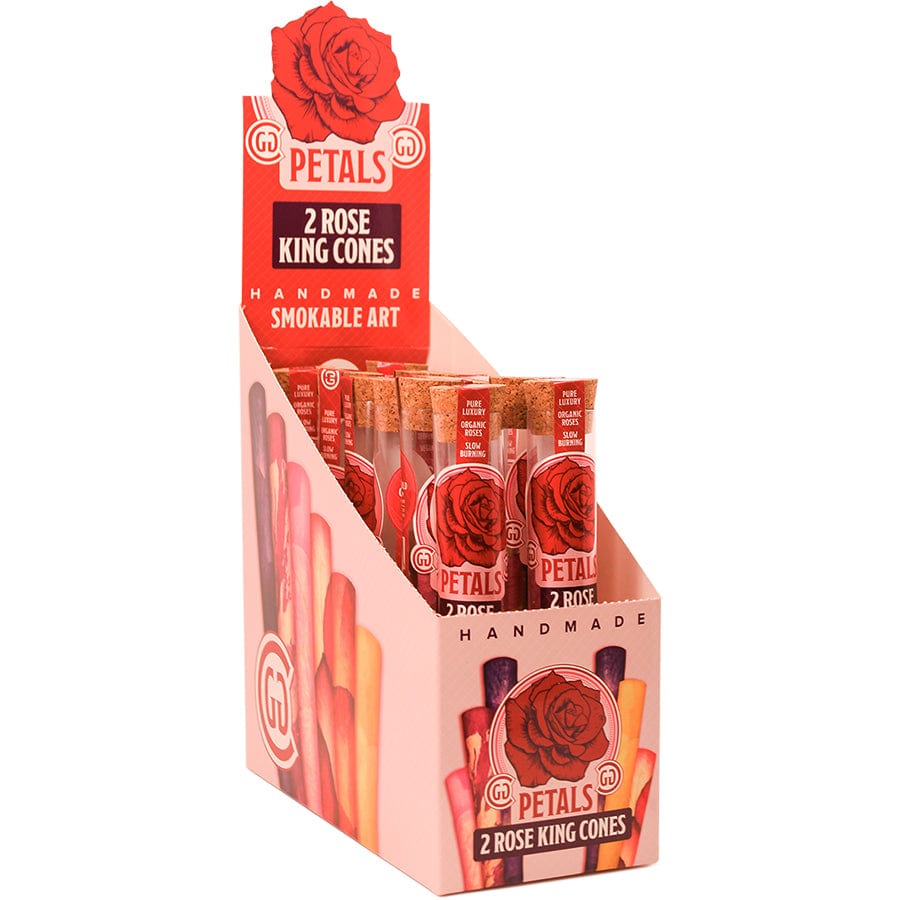 Front view of the Rose Petal King Cones carton variety pack, displaying its colorful branding and stacked arrangement of cone packs. Front view of the Rose Petal King Cones carton variety pack, displaying its colorful branding and stacked arrangement of cone packs.