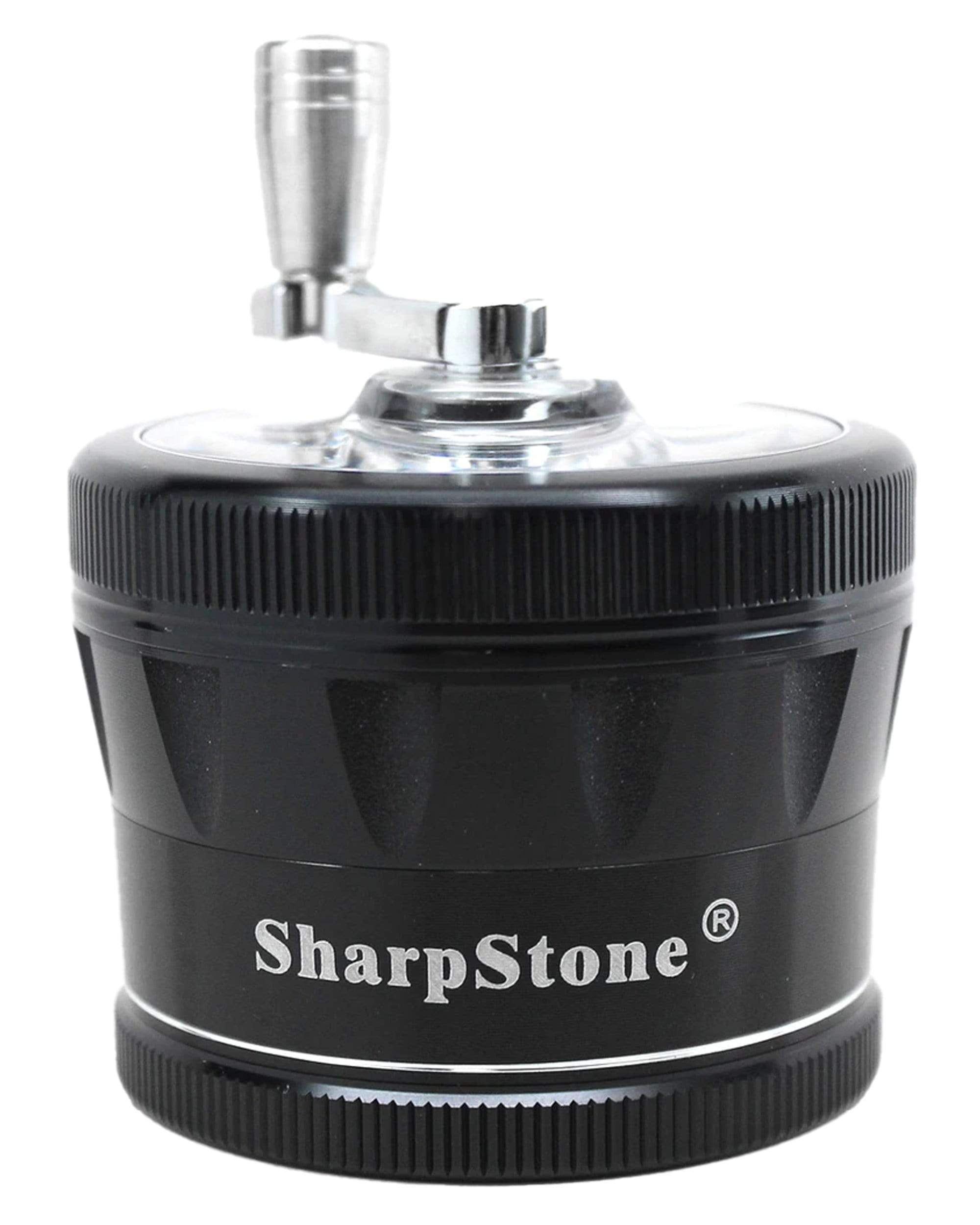 Front view of the Reeling Handle Grinder, a silver metal grinder with a clear plastic reeling handle. Front view of the Reeling Handle Grinder, a silver metal grinder with a clear plastic reeling handle.