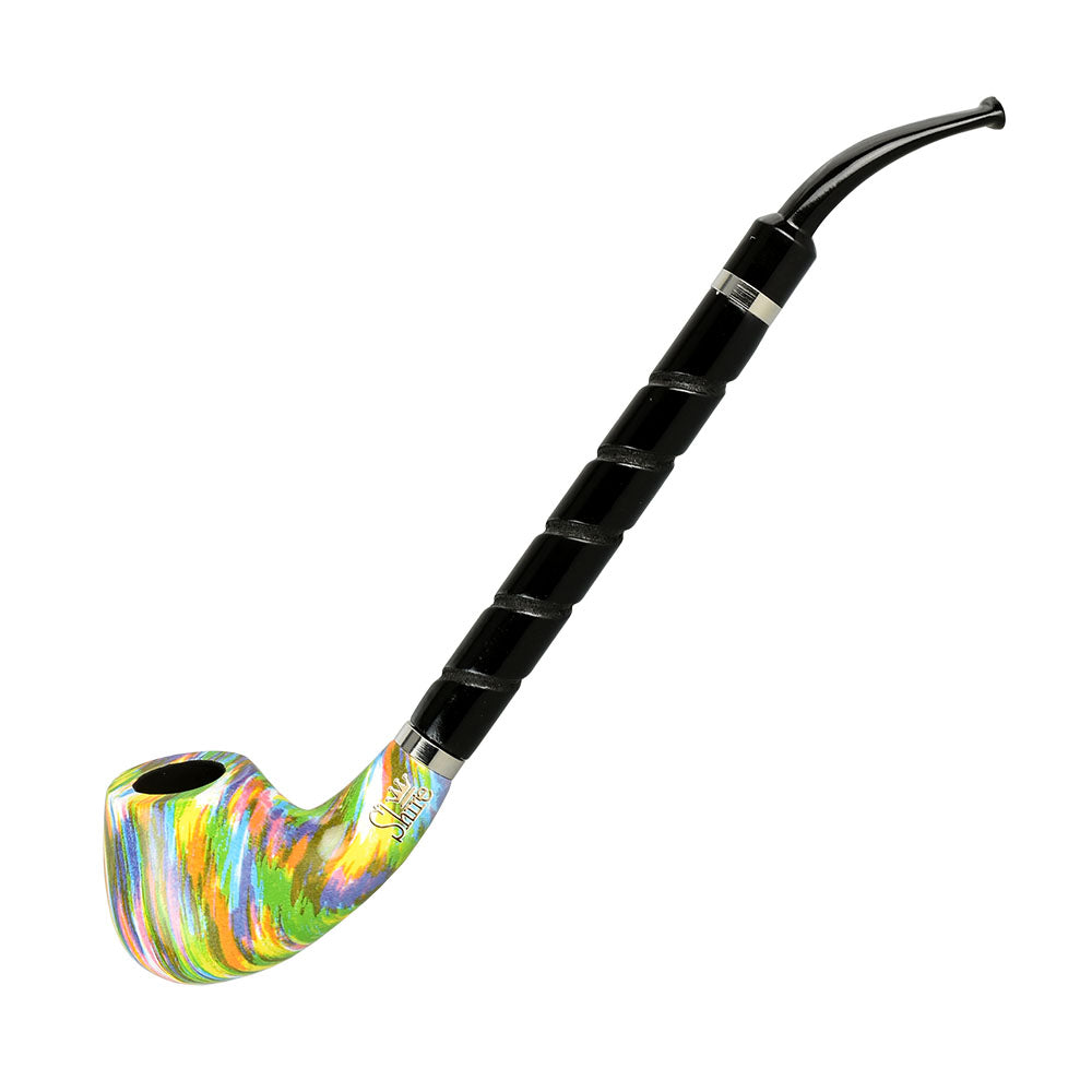 A side view of The Twister Bent Brandy Spiral Stem Rainbow Shire Pipe, showcasing its colorful, spiraled stem and bent shape. A side view of The Twister Bent Brandy Spiral Stem Rainbow Shire Pipe, showcasing its colorful, spiraled stem and bent shape.