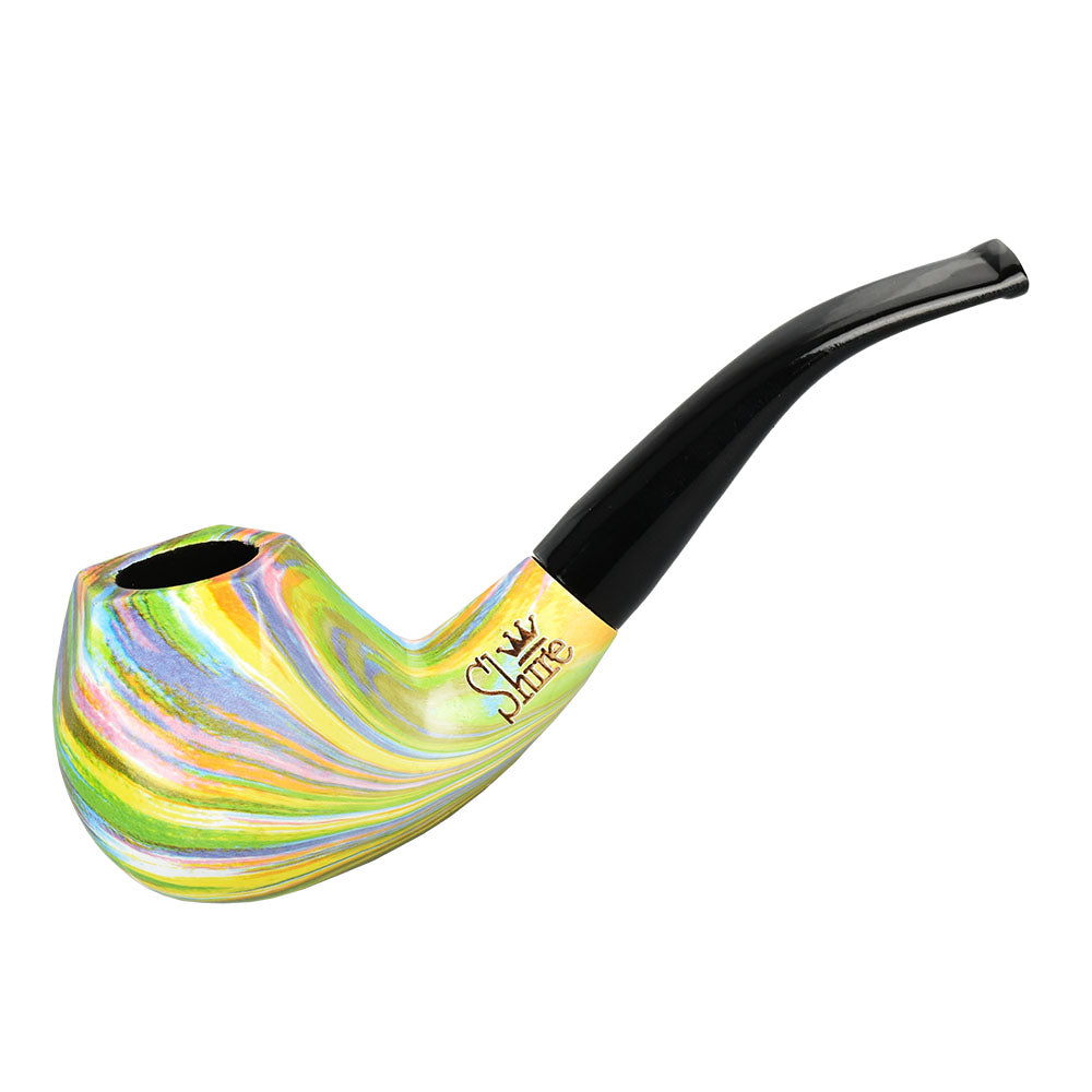 A side view of The Sundog Bent Apple Tapered Stem Rainbow Shire Pipe, showcasing its colorful, curved bowl and sleek stem. A side view of The Sundog Bent Apple Tapered Stem Rainbow Shire Pipe, showcasing its colorful, curved bowl and sleek stem.
