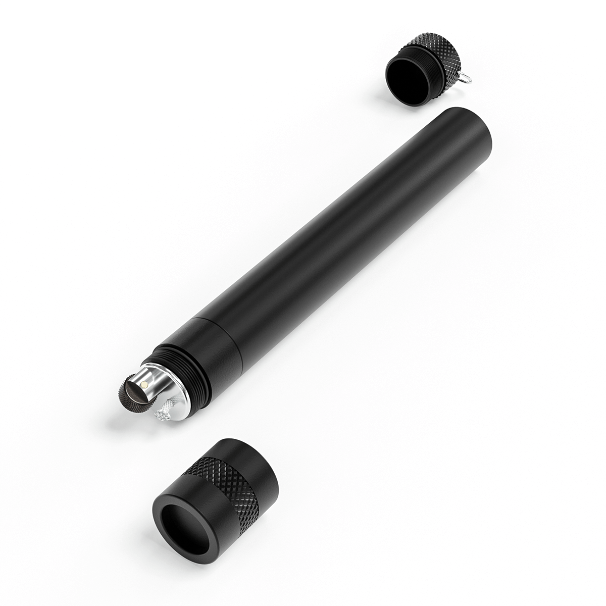 An angled view of the disassembled StashLight - Doob Tube & Refillable Lighter, showing its sleek, cylindrical form. An angled view of the disassembled StashLight - Doob Tube & Refillable Lighter, showing its sleek, cylindrical form.