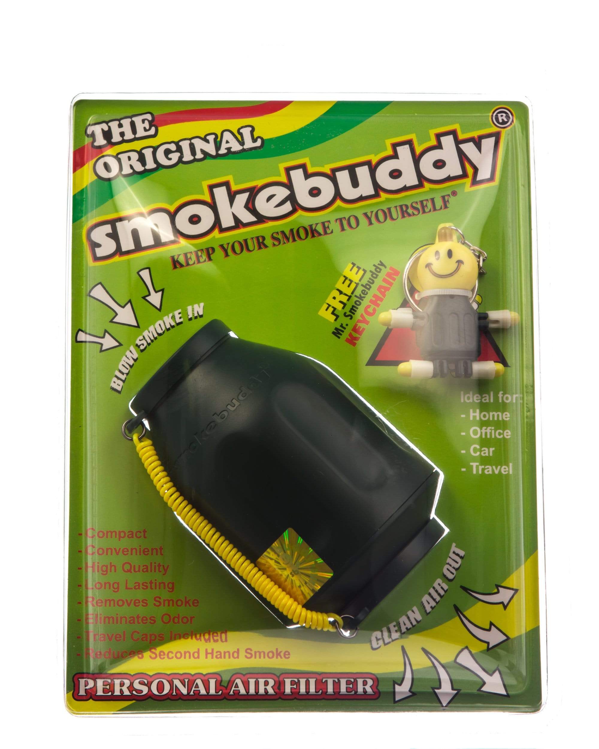 Front view of The Original SmokeBuddy, a black personal air filter with text indicating its function and usage. Front view of The Original SmokeBuddy, a black personal air filter with text indicating its function and usage.