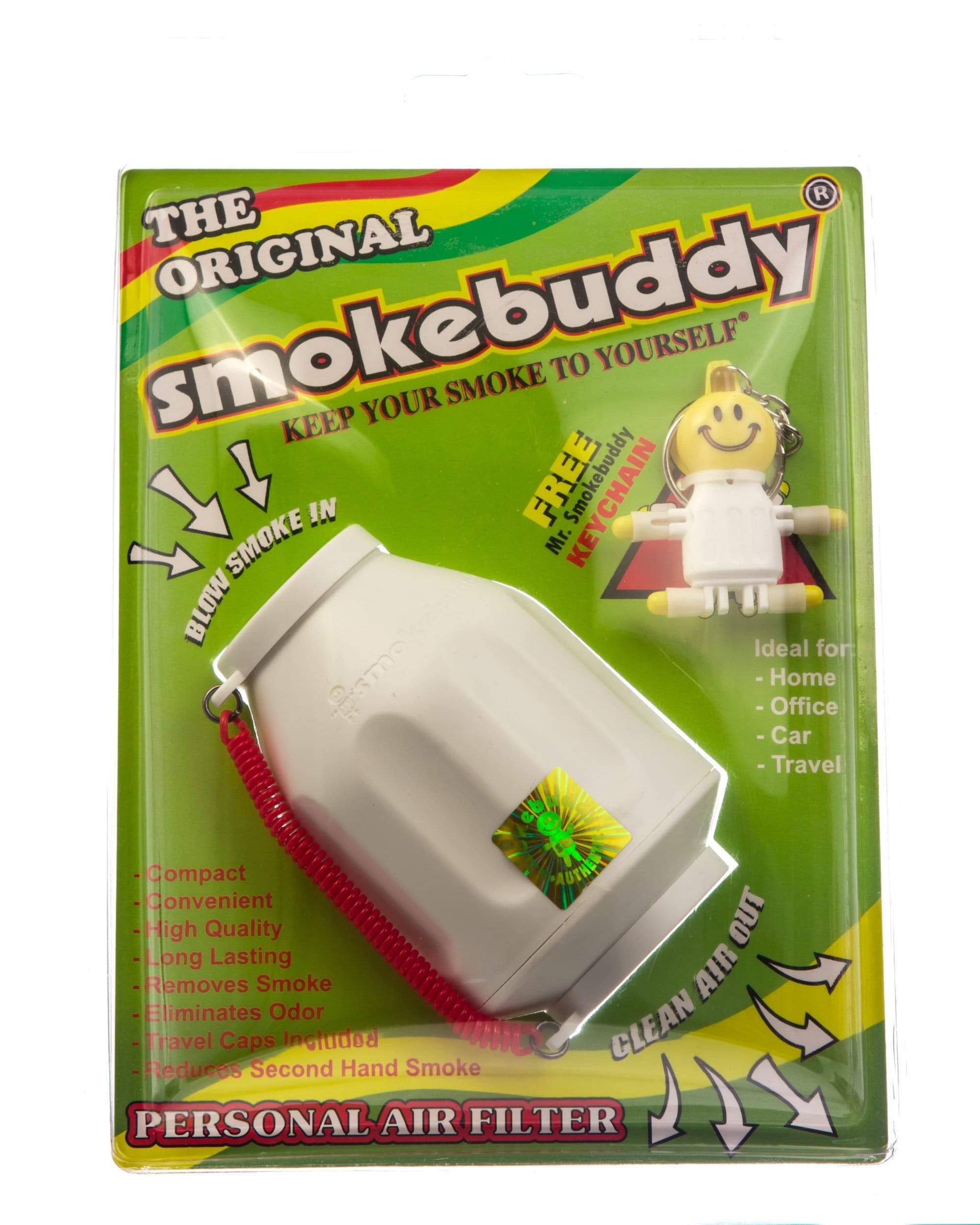 Front view of The Original SmokeBuddy personal air filter, showing its white plastic casing with text labels and a simple cylindrical design. Front view of The Original SmokeBuddy personal air filter, showing its white plastic casing with text labels and a simple cylindrical design.