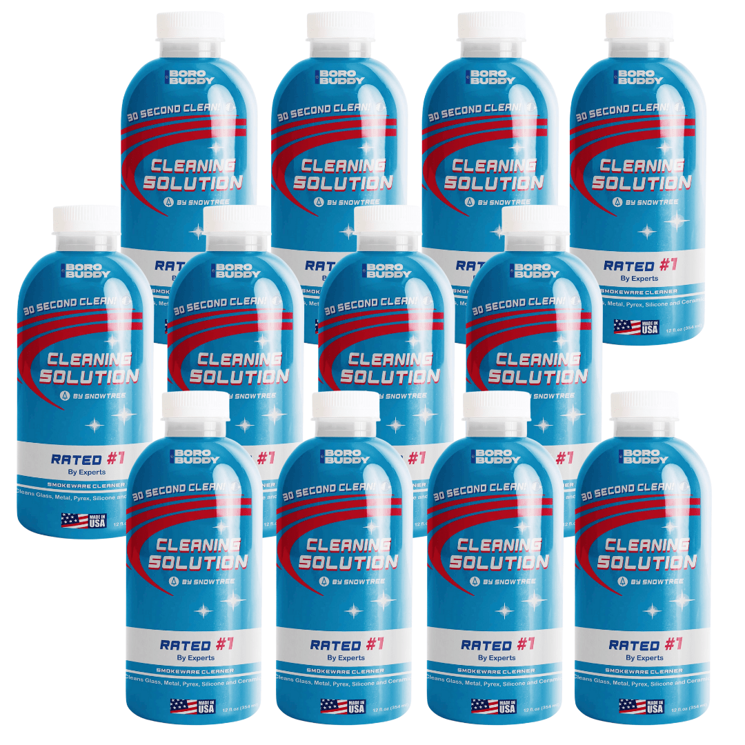 A close-up of the BoroBuddy Cleaning Solution bottle, featuring white and blue labeling against a dark background. A close-up of the BoroBuddy Cleaning Solution bottle, featuring white and blue labeling against a dark background.