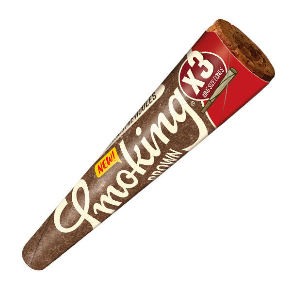 A close-up, angled view of the Brown King Size Unbleached Cones, showing the rolled paper tube with a visible brown hue. A close-up, angled view of the Brown King Size Unbleached Cones, showing the rolled paper tube with a visible brown hue.