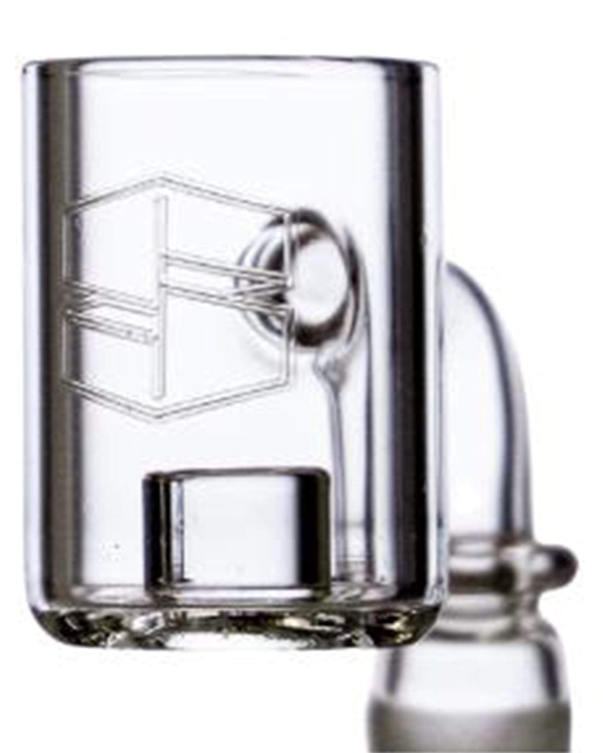 Close-up of the Core Reactor Banger, a clear glass insert with a rounded bottom, angled against a dark background. Close-up of the Core Reactor Banger, a clear glass insert with a rounded bottom, angled against a dark background.