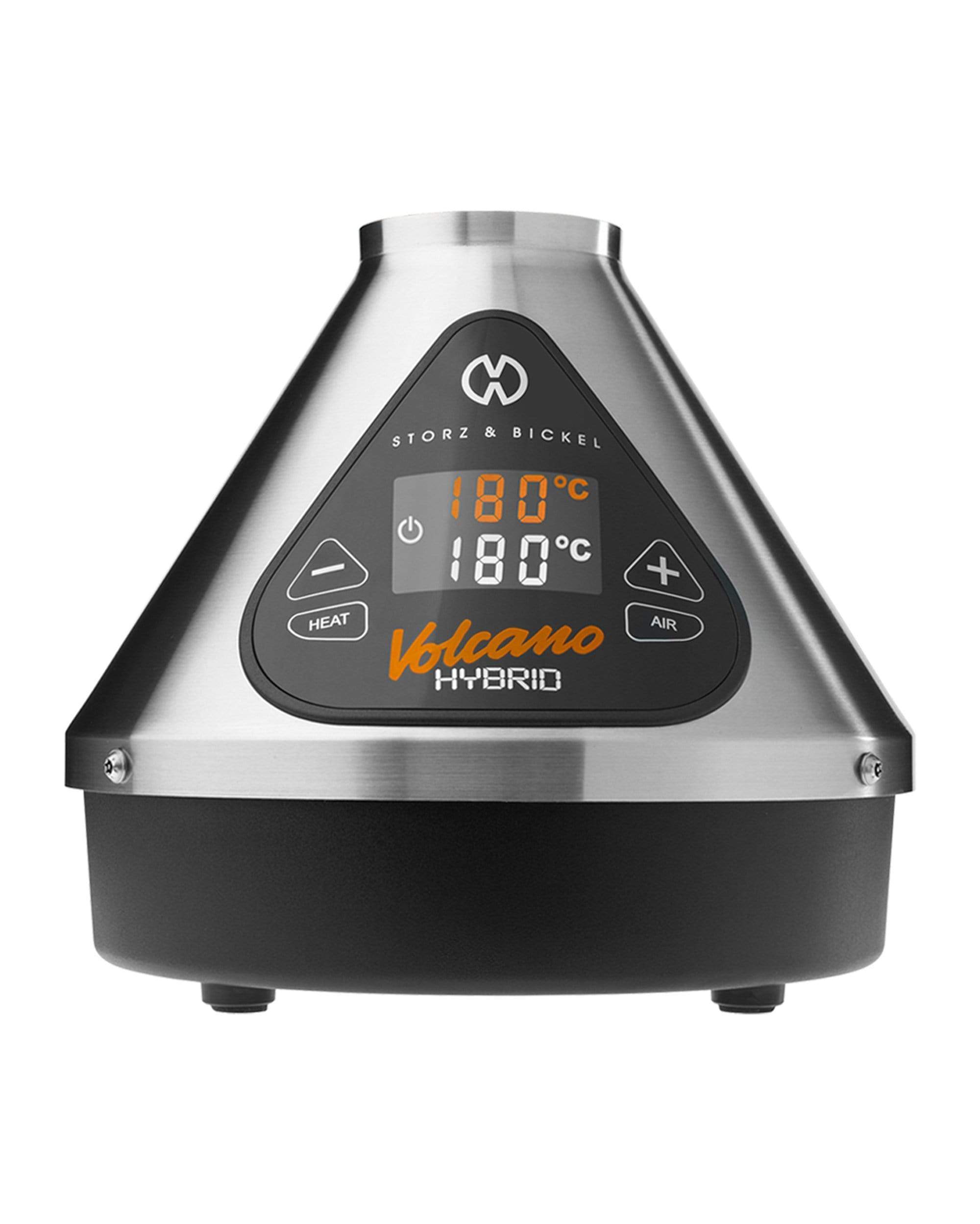 Front view of the Storz & Bickel Volcano Hybrid Vaporizer displaying a digital temperature reading of 180°C. Front view of the Storz & Bickel Volcano Hybrid Vaporizer displaying a digital temperature reading of 180°C.