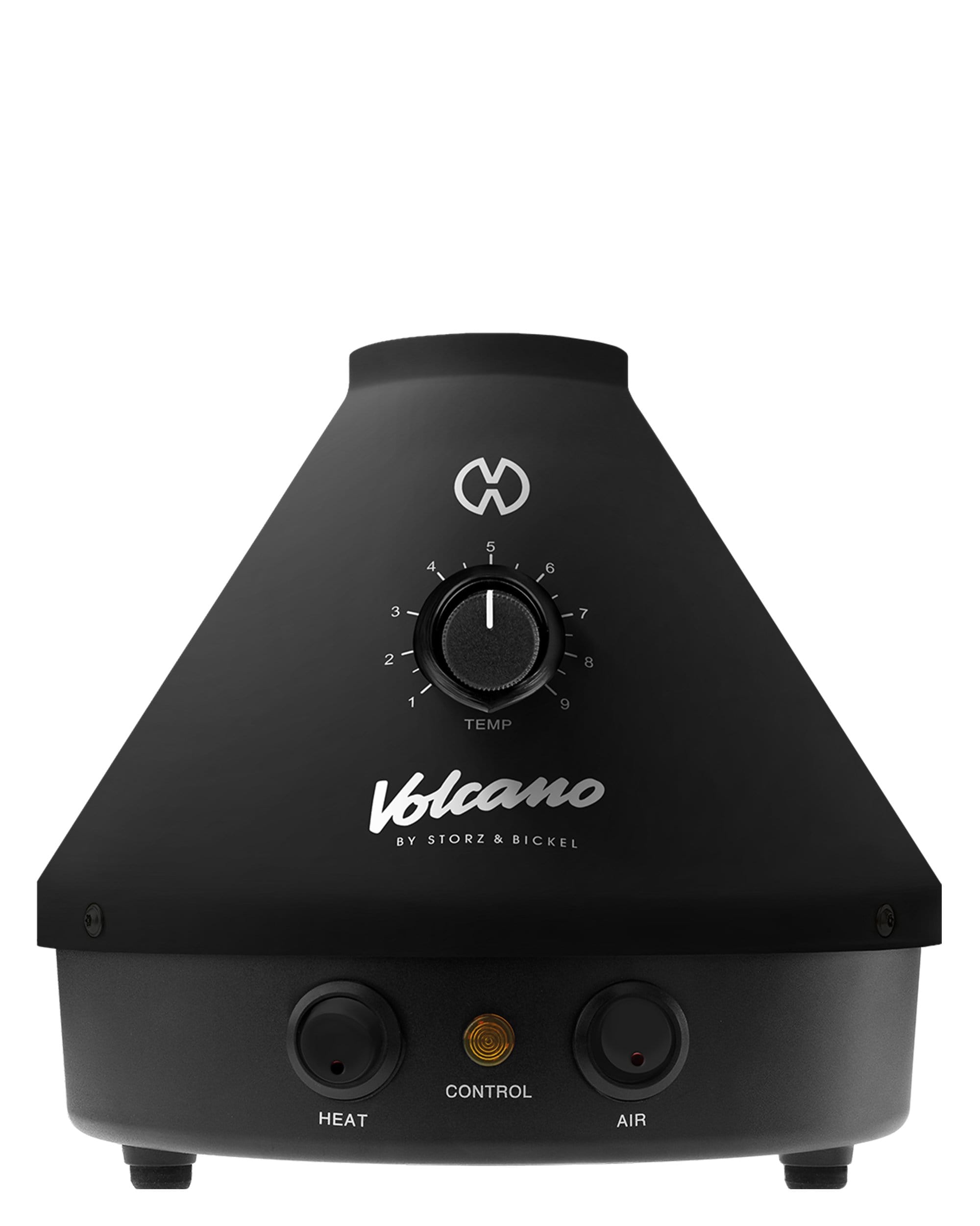 Front view of the Volcano Onyx Special Edition vaporizer with a circular control dial and black finish. Front view of the Volcano Onyx Special Edition vaporizer with a circular control dial and black finish.