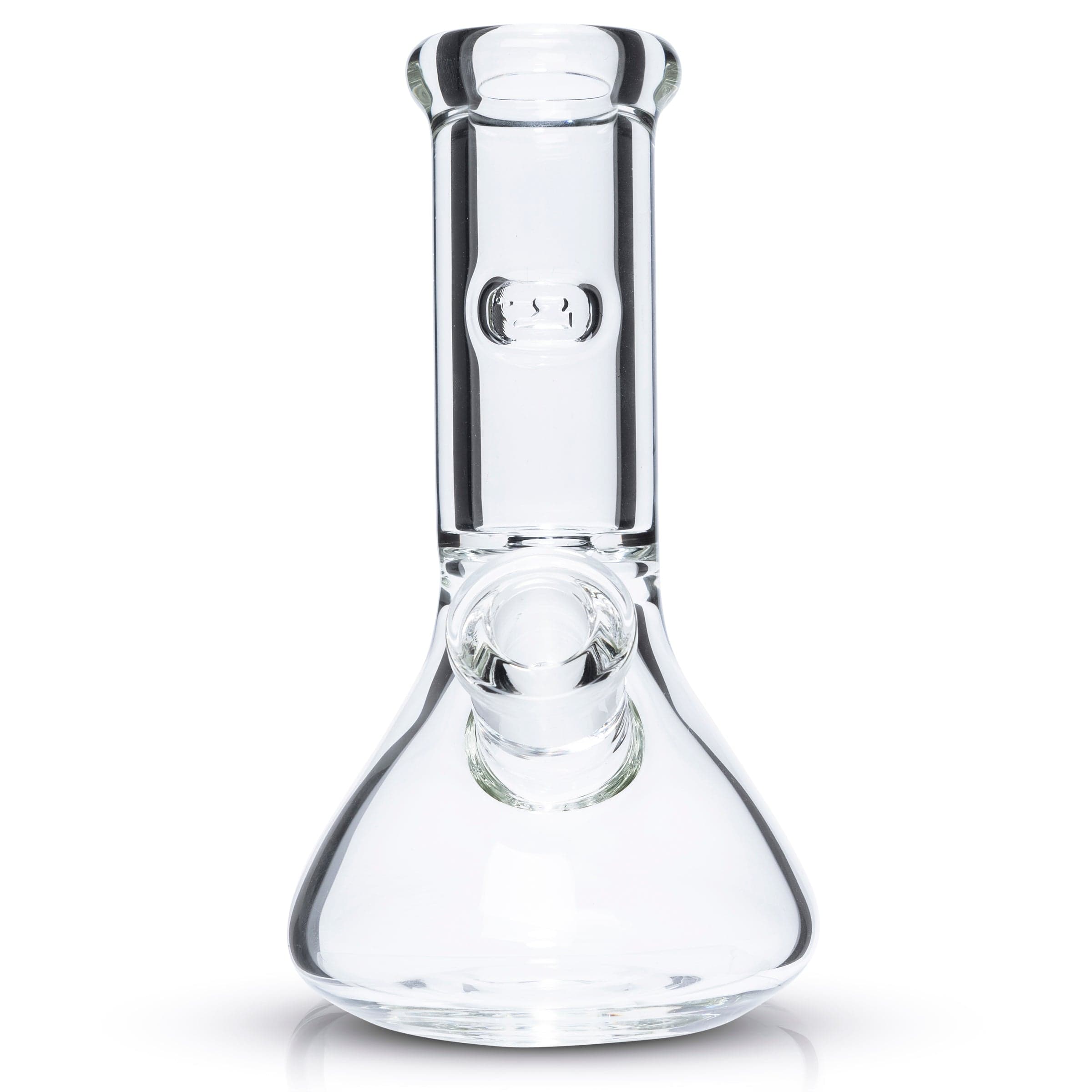 A studio shot of the 8" Tank Mini, a clear glass beaker with a simple, cylindrical shape and reflective surface. A studio shot of the 8" Tank Mini, a clear glass beaker with a simple, cylindrical shape and reflective surface.