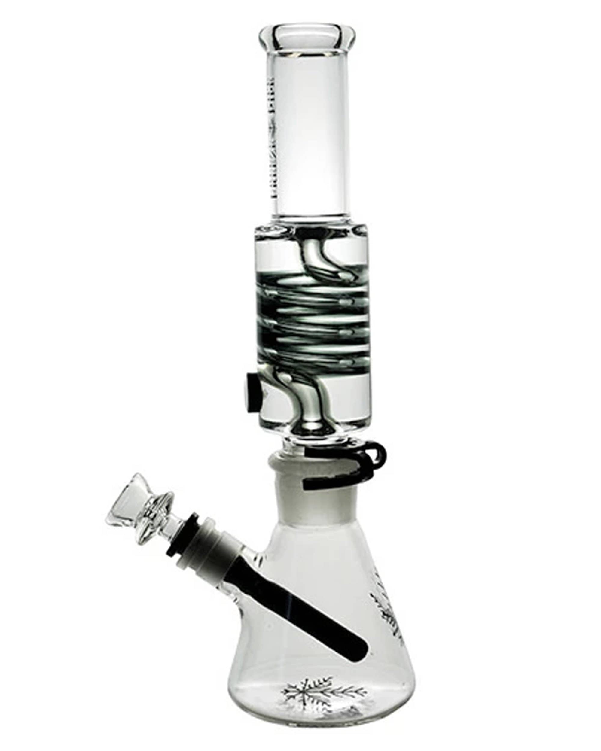 Front view of the Beaker Bong, a clear glass piece with a wide base and narrow neck, showcasing its simple cylindrical shape. Front view of the Beaker Bong, a clear glass piece with a wide base and narrow neck, showcasing its simple cylindrical shape.