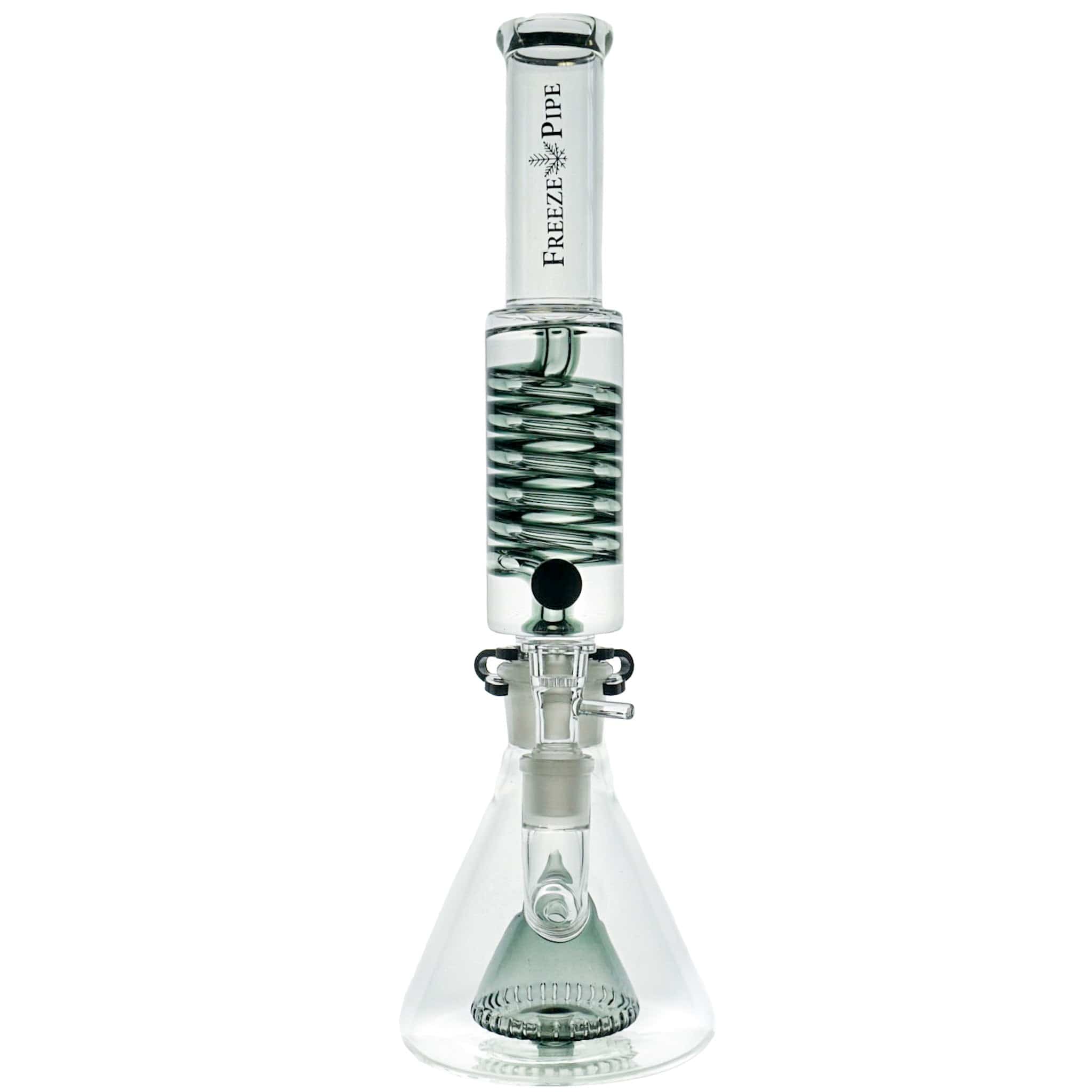 Front view of the XL Beaker, a clear glass bong with a wide base and simple cylindrical form. Front view of the XL Beaker, a clear glass bong with a wide base and simple cylindrical form.