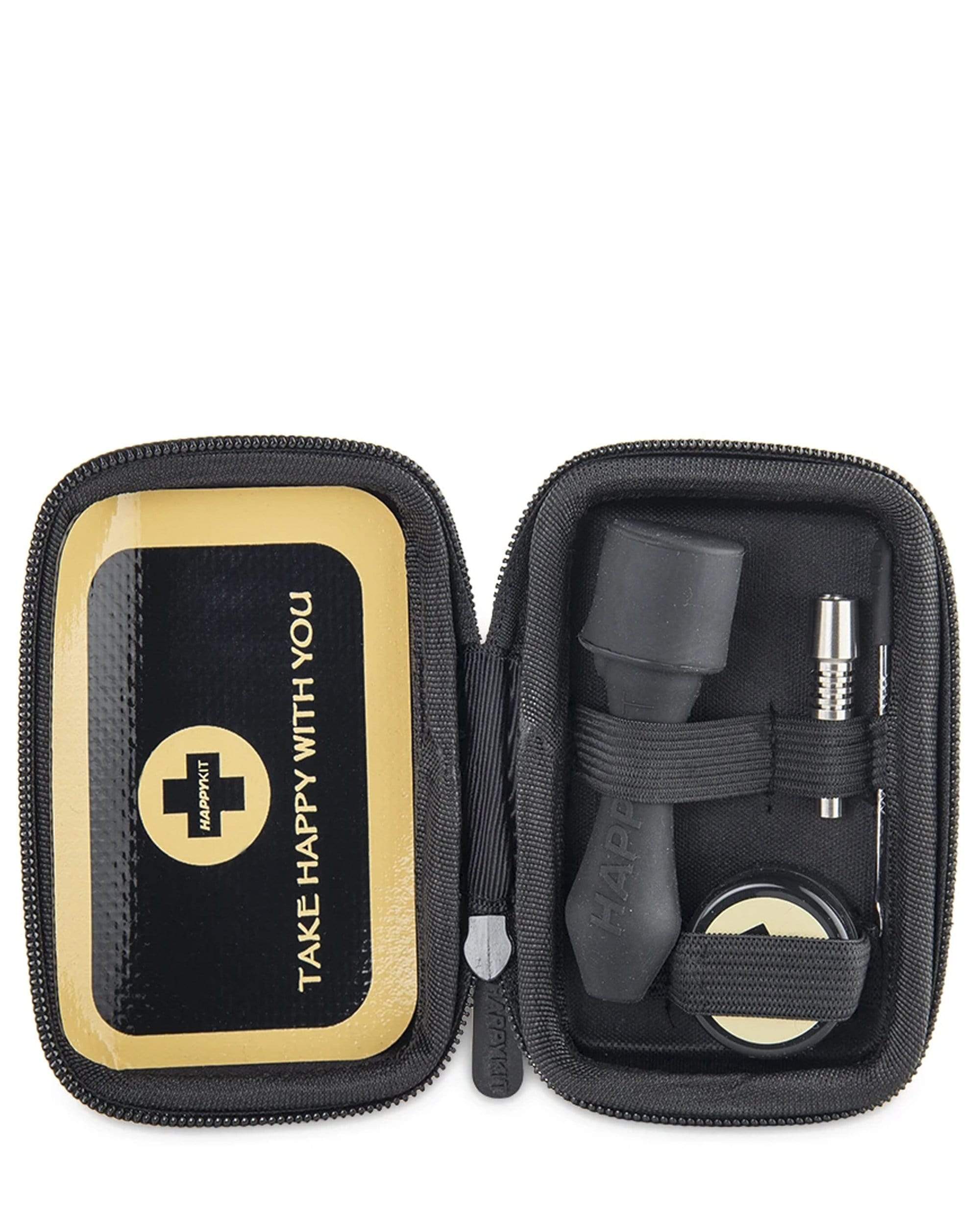 The open Dab Kit Mini displays a neatly arranged kit inside a zipped, black carrying case, showcasing the kit's components. The open Dab Kit Mini displays a neatly arranged kit inside a zipped, black carrying case, showcasing the kit's components.