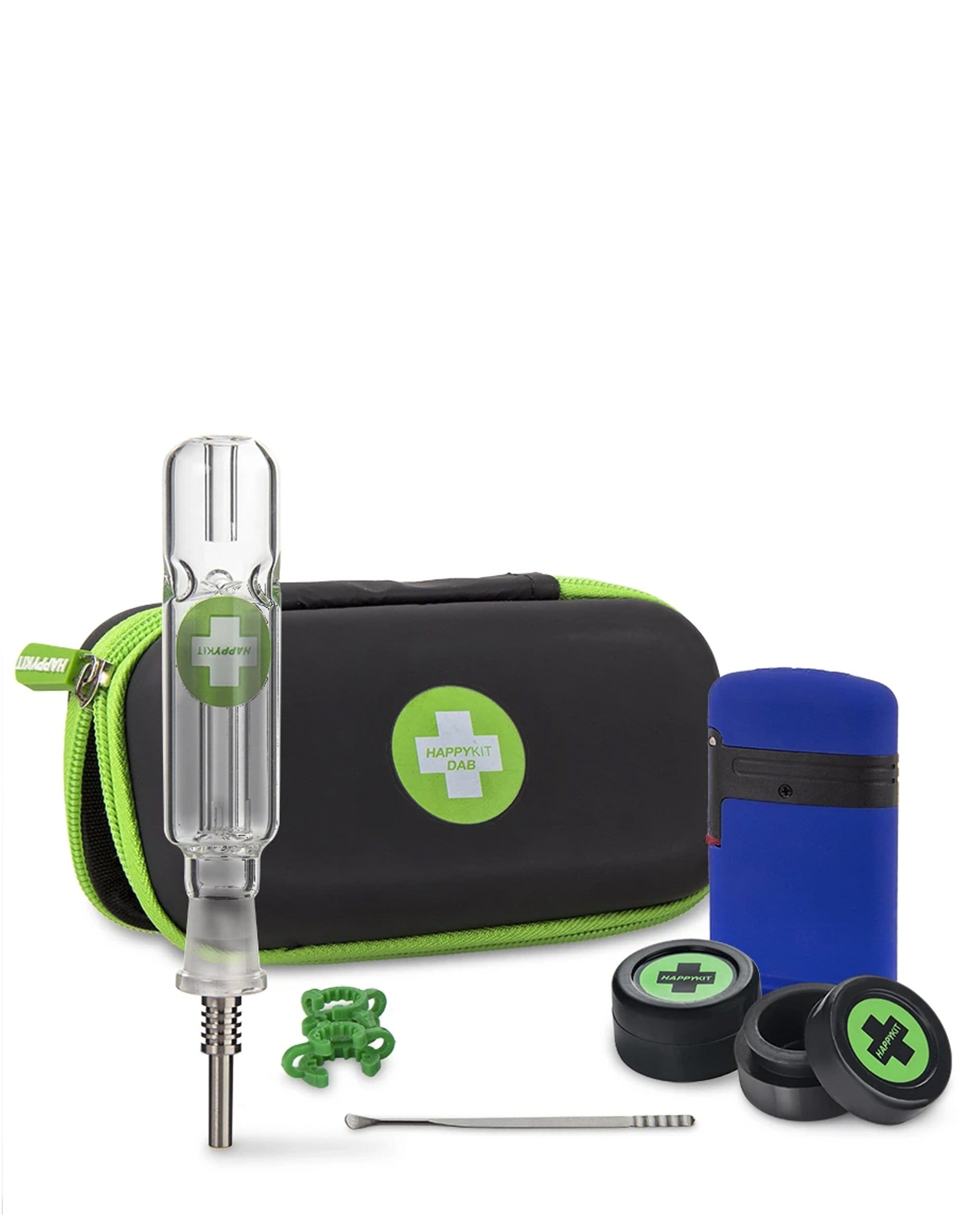 The Happy Dab kit is displayed with a blue carrying case and a green silicone attachment, photographed from a slightly angled front view. The Happy Dab kit is displayed with a blue carrying case and a green silicone attachment, photographed from a slightly angled front view.