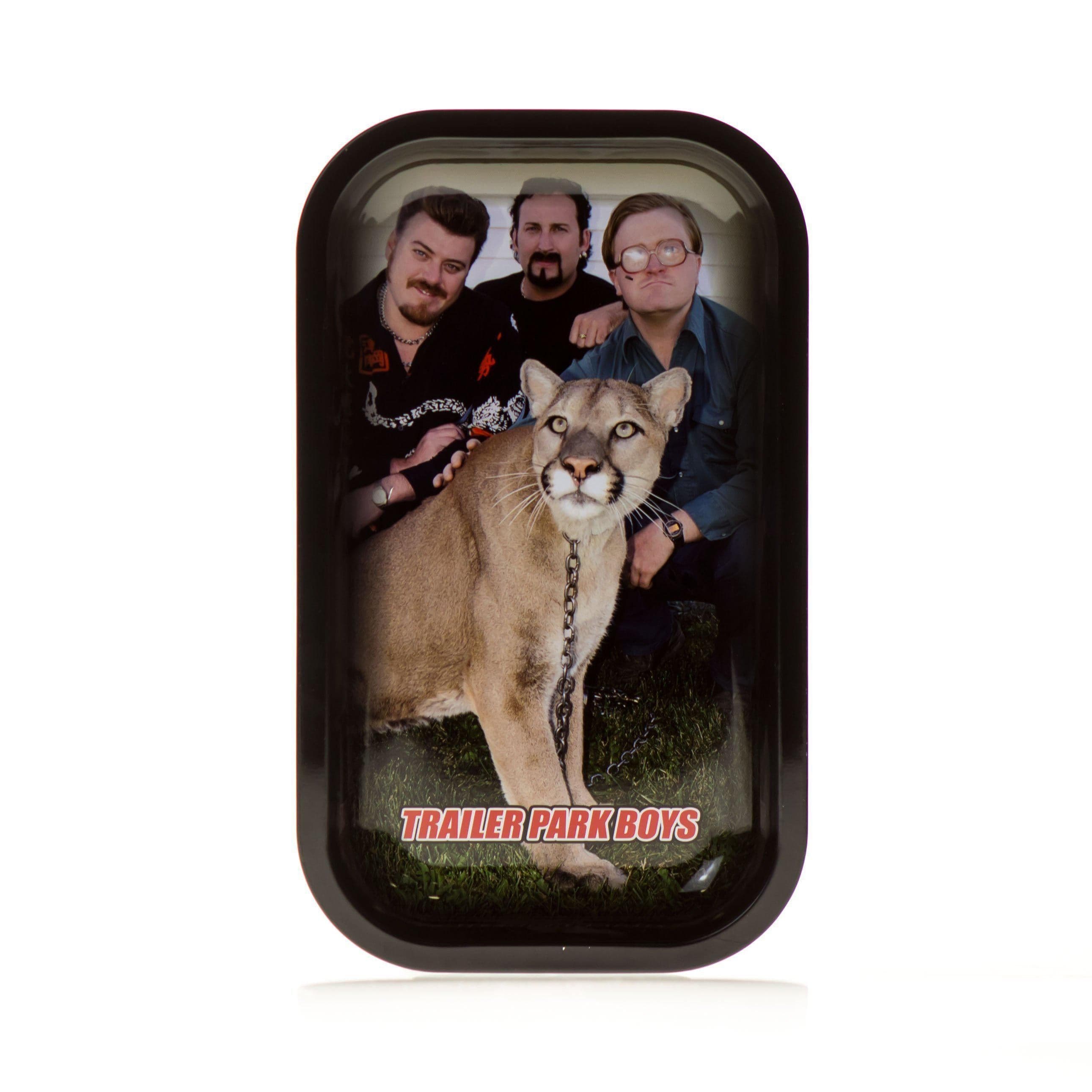 A top-down view of the Big Kitty Rolling Tray featuring a portrait of a man with a cat on his shoulder. A top-down view of the Big Kitty Rolling Tray featuring a portrait of a man with a cat on his shoulder.