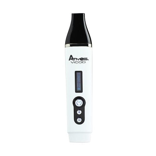 Front view of the Atmos Vicod Vaporizer, a white pen-shaped device with visible branding on its body. Front view of the Atmos Vicod Vaporizer, a white pen-shaped device with visible branding on its body.