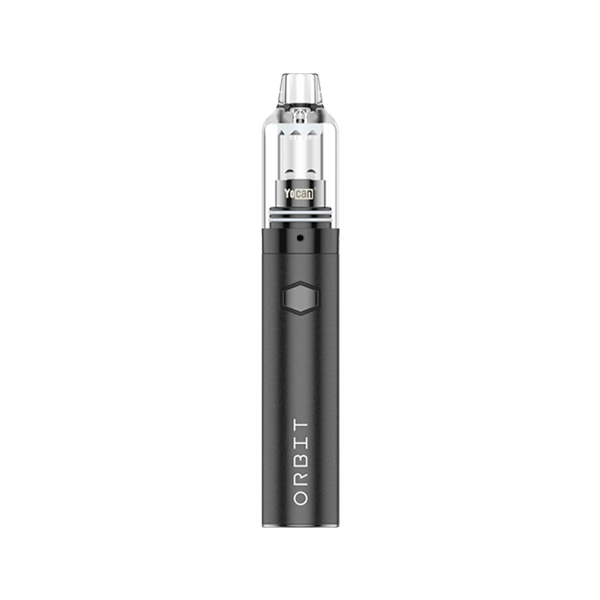 Front view of the Orbit Vaporizer, a sleek, black handheld device presented against a plain white background. Front view of the Orbit Vaporizer, a sleek, black handheld device presented against a plain white background.