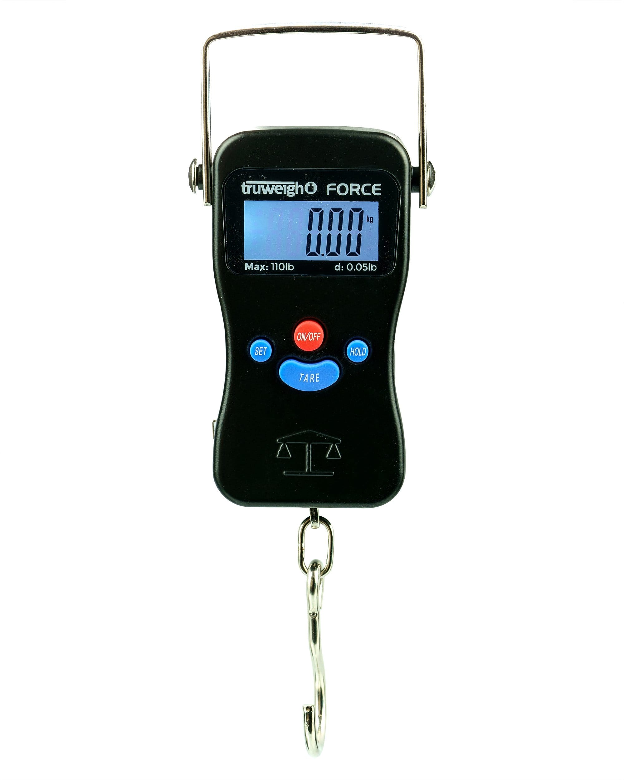 A close-up shows the FORCE Digital Hanging Scale with a digital display and metal hanging hook against a plain white background. A close-up shows the FORCE Digital Hanging Scale with a digital display and metal hanging hook against a plain white background.