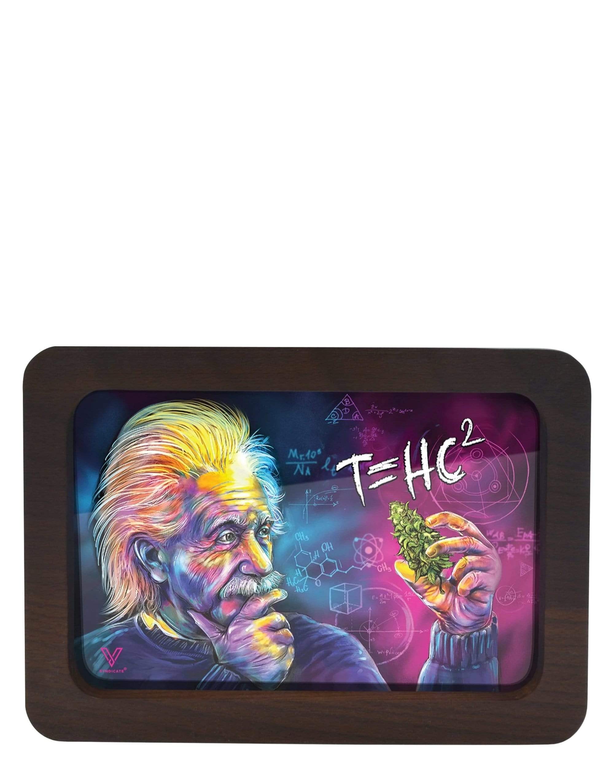 A detailed, eye-level shot of the High Def 3D Wooden Rolling Tray, featuring a colorful portrait with scientific equations. A detailed, eye-level shot of the High Def 3D Wooden Rolling Tray, featuring a colorful portrait with scientific equations.