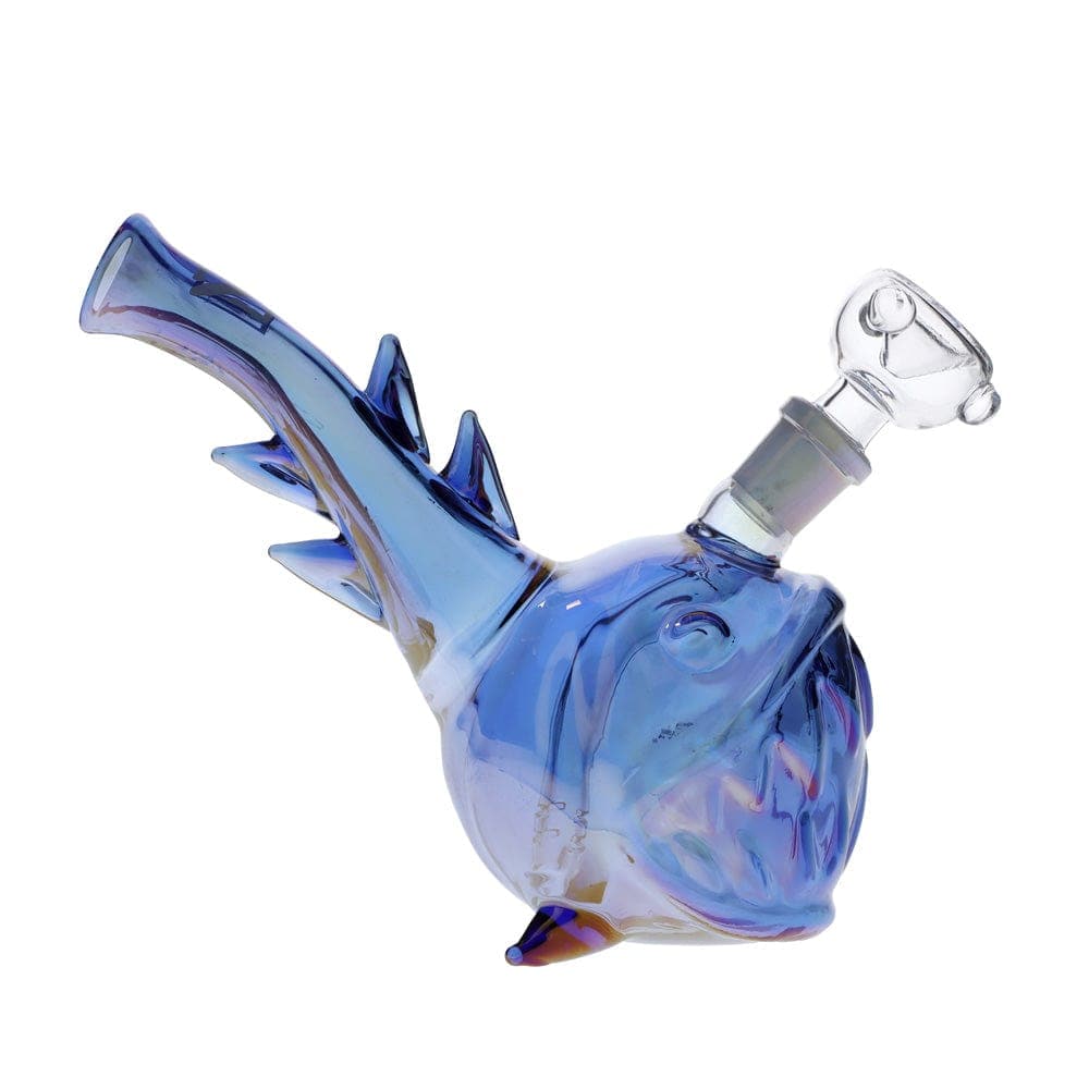 Front view of the Angler Fish Bong, a uniquely shaped glass piece with a blue and purple hue. Front view of the Angler Fish Bong, a uniquely shaped glass piece with a blue and purple hue.