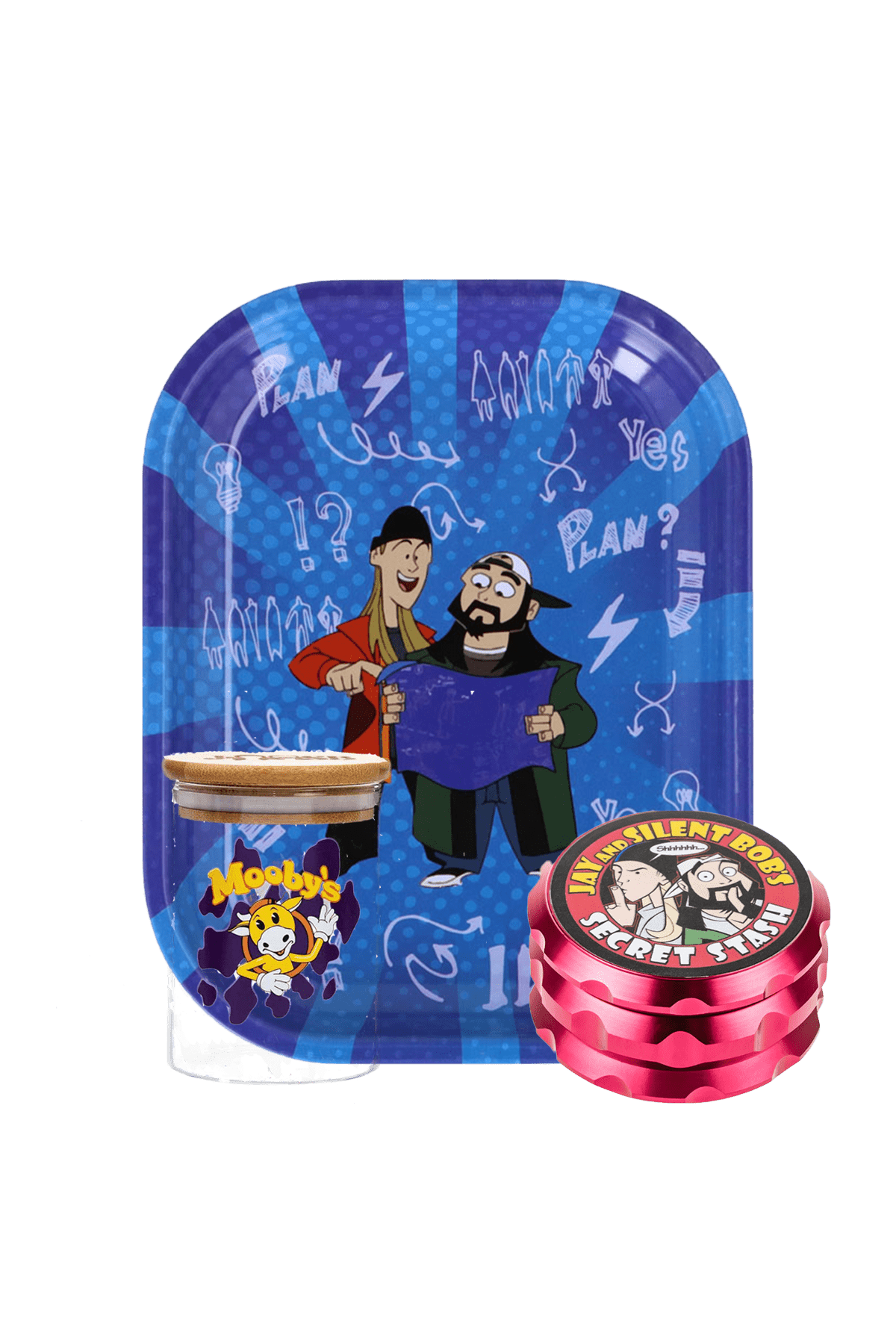 Front view of the Jay and Silent Bob $25 Kit featuring cartoon graphics on a colorful, patterned background. Front view of the Jay and Silent Bob $25 Kit featuring cartoon graphics on a colorful, patterned background.