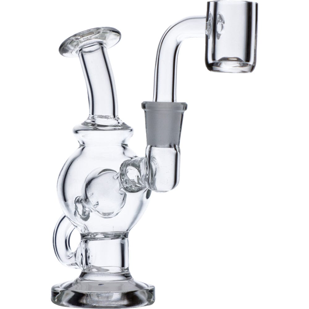 A close-up, angled view of the Mini Bent Neck Dab Rig, showcasing its clear glass construction and curved neck design. A close-up, angled view of the Mini Bent Neck Dab Rig, showcasing its clear glass construction and curved neck design.