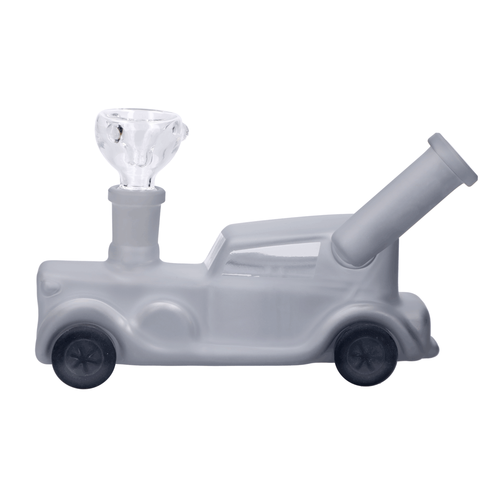 Front view of the Mobster Car Bong, a clear glass water pipe shaped like a vintage car. Front view of the Mobster Car Bong, a clear glass water pipe shaped like a vintage car.
