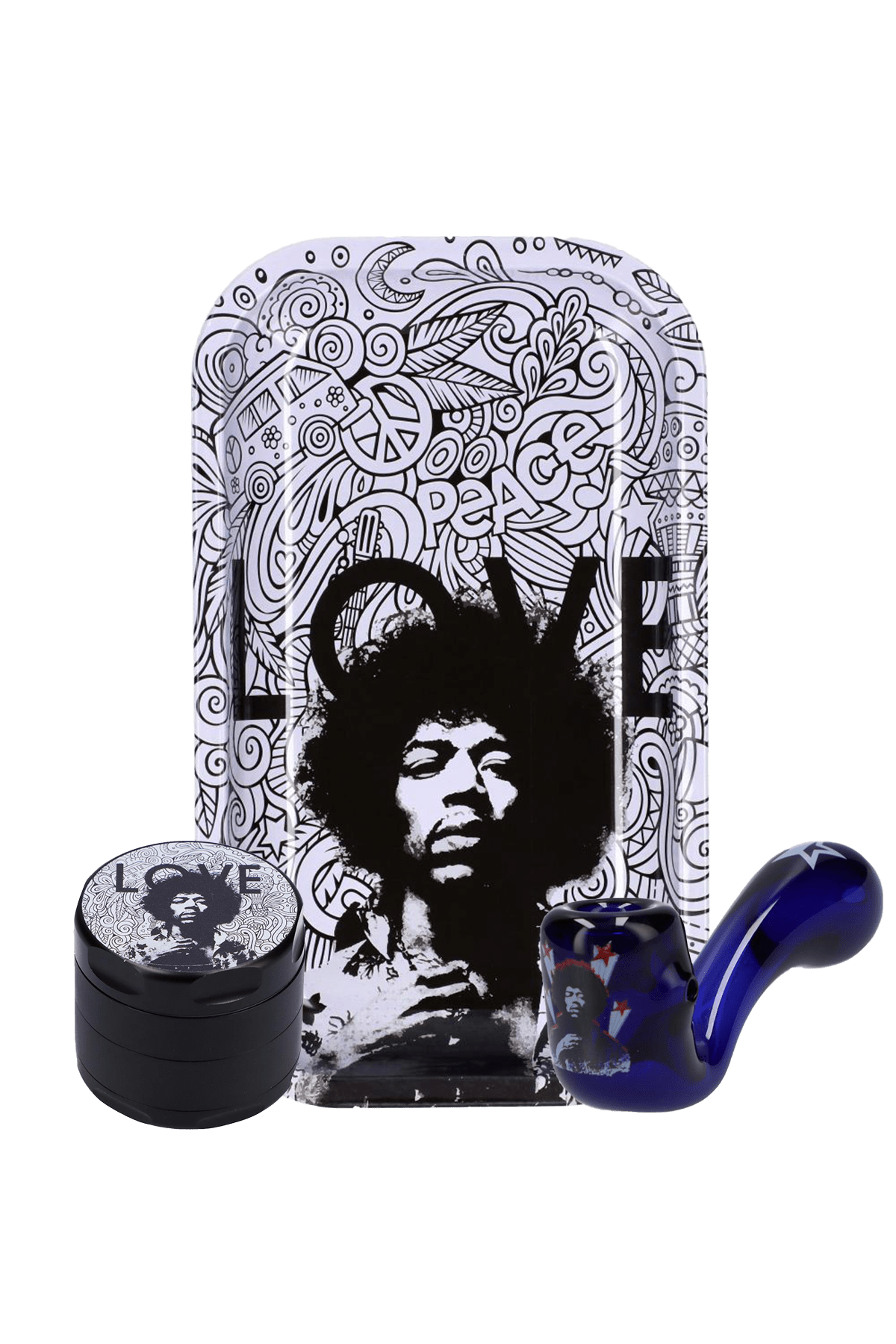 A top-down view of the Rock Legends $25 Kit shows a grinder and a blue glass pipe next to a patterned tray. A top-down view of the Rock Legends $25 Kit shows a grinder and a blue glass pipe next to a patterned tray.
