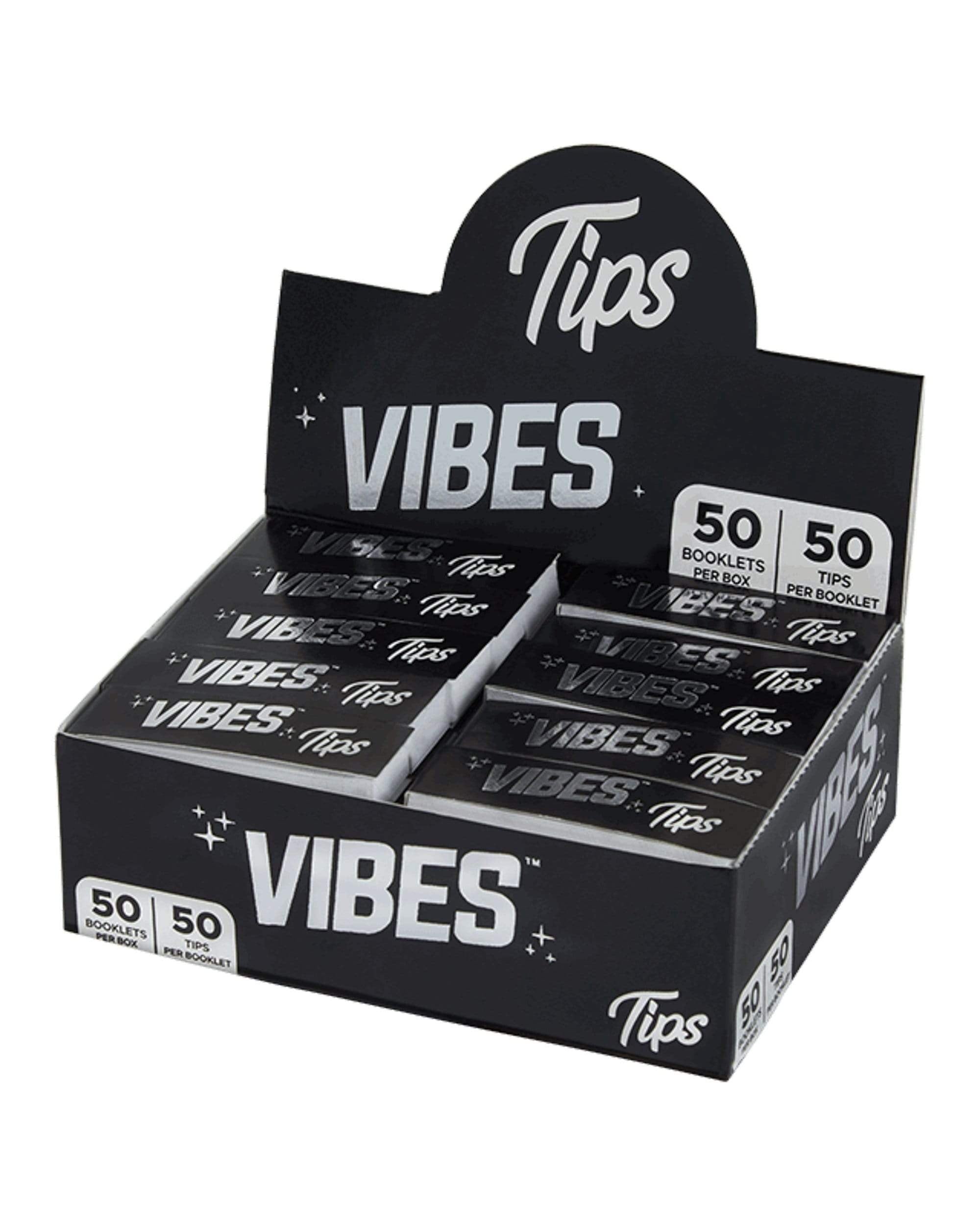 Front view of the Rolling Paper Tips Box, displaying a black box with the white text "50 BOOKLETS" and the brand logo. Front view of the Rolling Paper Tips Box, displaying a black box with the white text "50 BOOKLETS" and the brand logo.