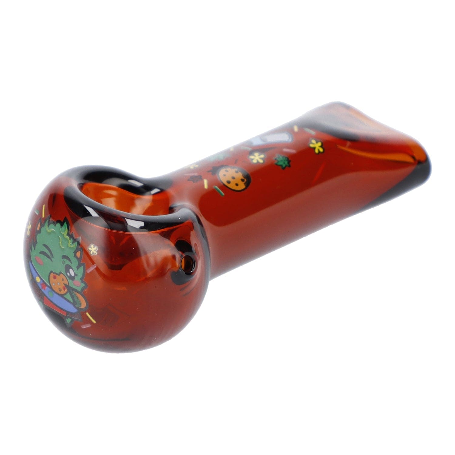 A transparent amber “4” GSC Hand Pipe is shown in a side view, with a rounded bowl and sleek design. A transparent amber “4” GSC Hand Pipe is shown in a side view, with a rounded bowl and sleek design.