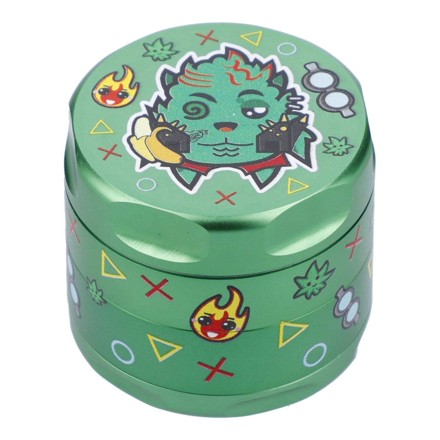 Front view of the 55mm GG4 3 Stage Grinder in green, showcasing its tiered design and circular shape. Front view of the 55mm GG4 3 Stage Grinder in green, showcasing its tiered design and circular shape.